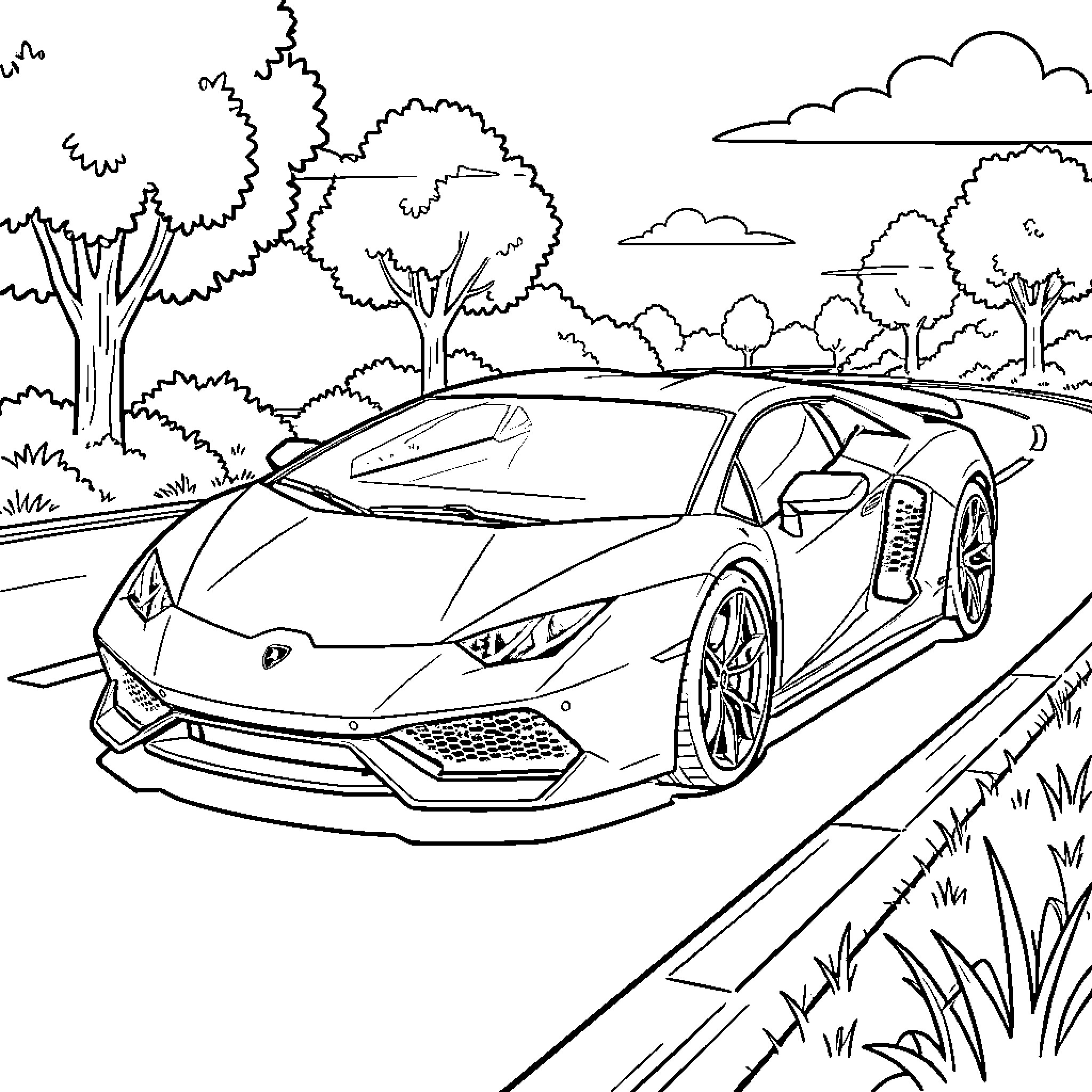 Lamborghini driving along a scenic road with trees Coloring Page (free black-and-white line drawing printable PDF for all, from beginners to advanced learners, including children, teens, adults, and seniors)