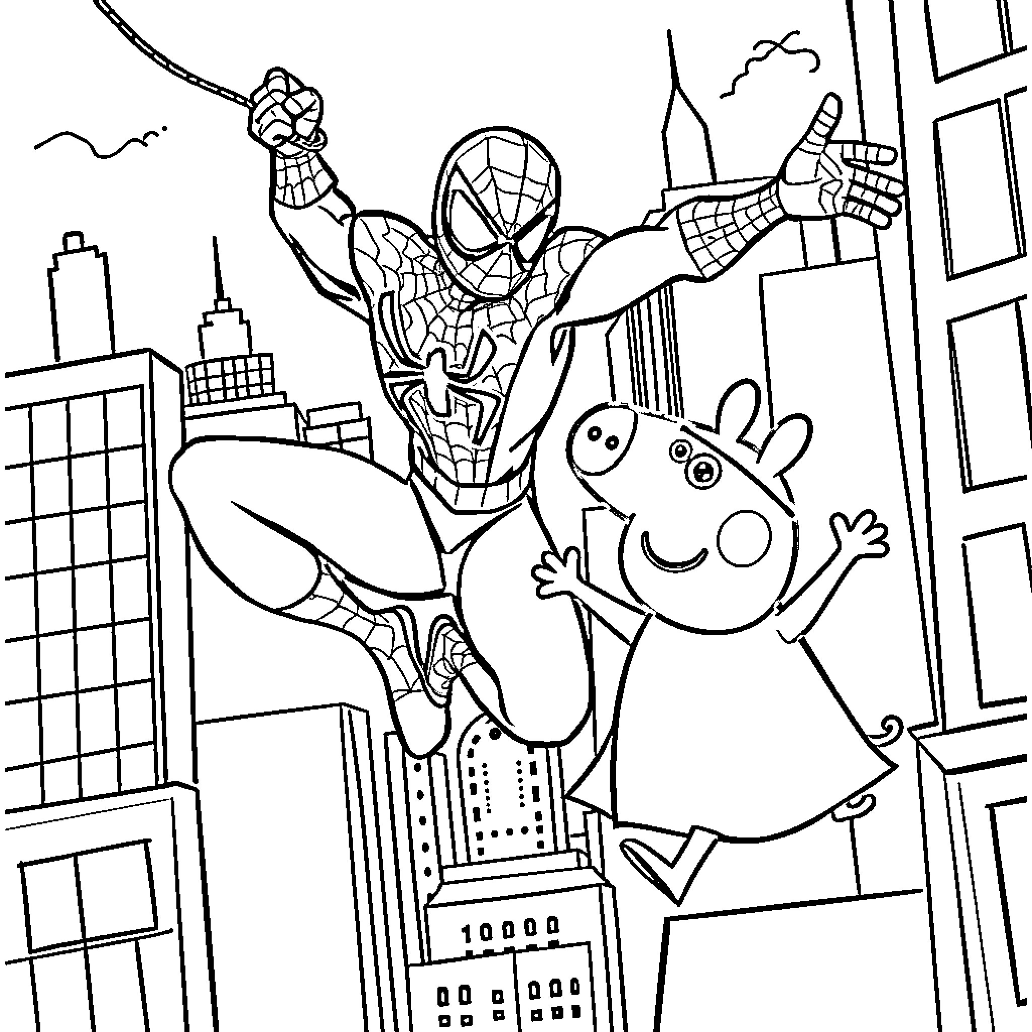 Spiderman leaping over the city with Peppa Pig Coloring Page (free black-and-white line drawing printable PDF for all, from beginners to advanced learners, including children, teens, adults, and seniors)