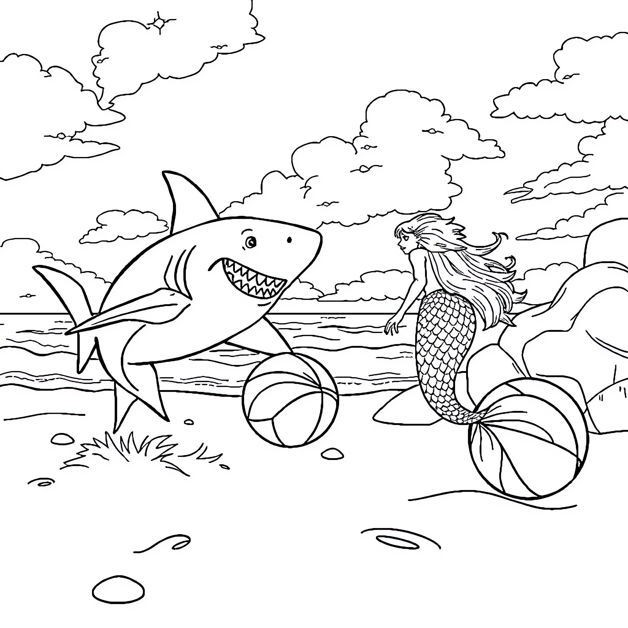 Shark playing with mermaid on the beach Coloring Page (free black-and-white line drawing printable PDF for all, from beginners to advanced learners, including children, teens, adults, and seniors)