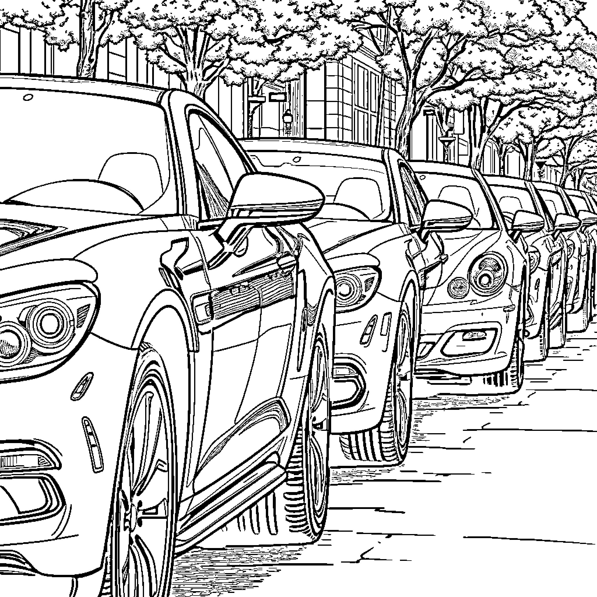 Car parked on city street lined with trees Coloring Page (free black-and-white line drawing printable PDF for all, from beginners to advanced learners, including children, teens, adults, and seniors)