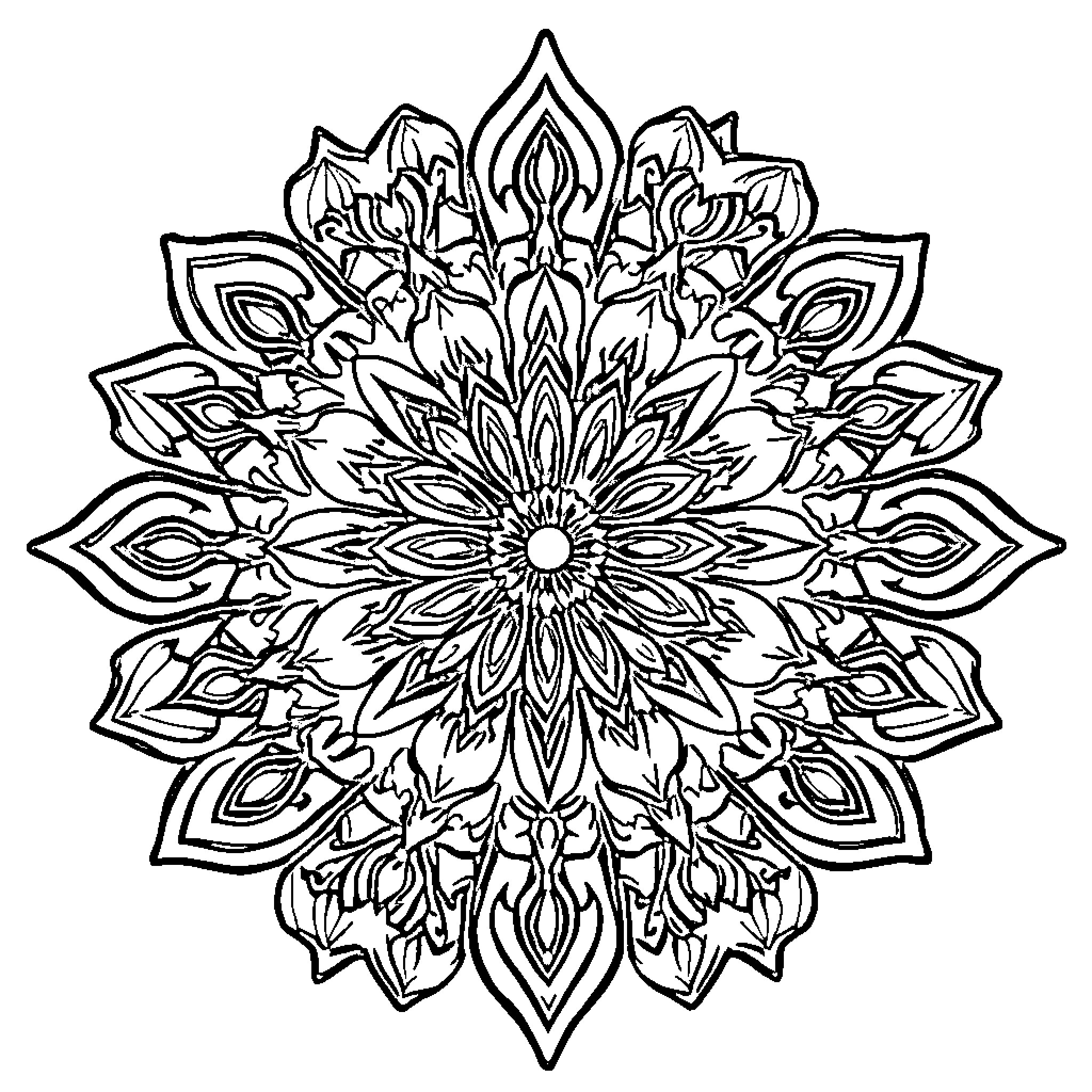 Mandala with intricate floral design Coloring Page (free black-and-white line drawing printable PDF for all, from beginners to advanced learners, including children, teens, adults, and seniors)