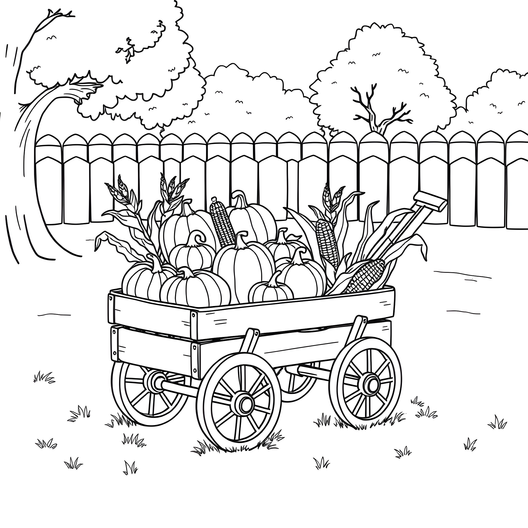 Wagon filled with autumn produce in rural landscape Coloring Page (free black-and-white line drawing printable PDF for all, from beginners to advanced learners, including children, teens, adults, and seniors)