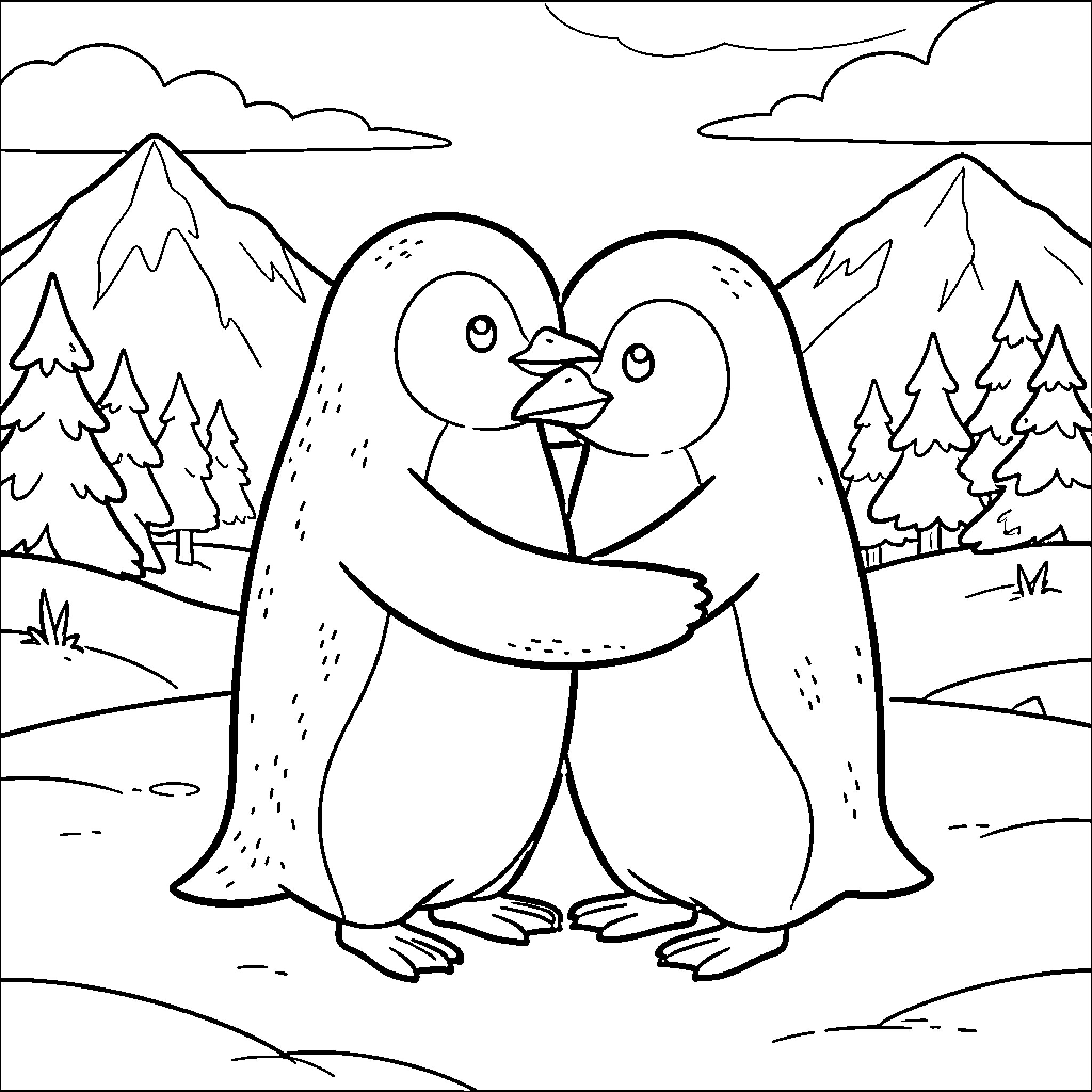 Penguin pair embracing affectionately in a snowy landscape Coloring Page (free black-and-white line drawing printable PDF for all, from beginners to advanced learners, including children, teens, adults, and seniors)