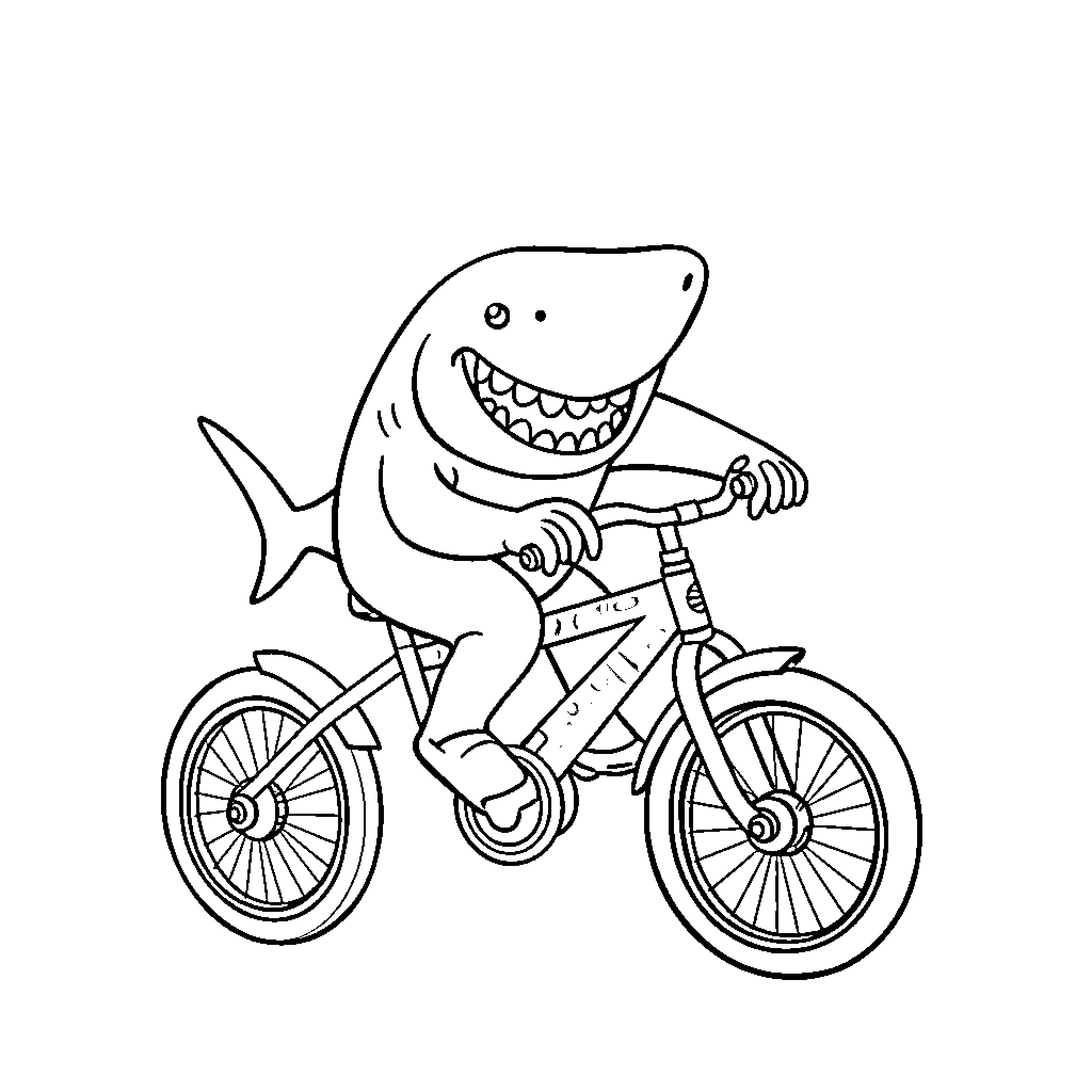 Shark riding a bicycle with enthusiasm Coloring Page (free black-and-white line drawing printable PDF for all, from beginners to advanced learners, including children, teens, adults, and seniors)