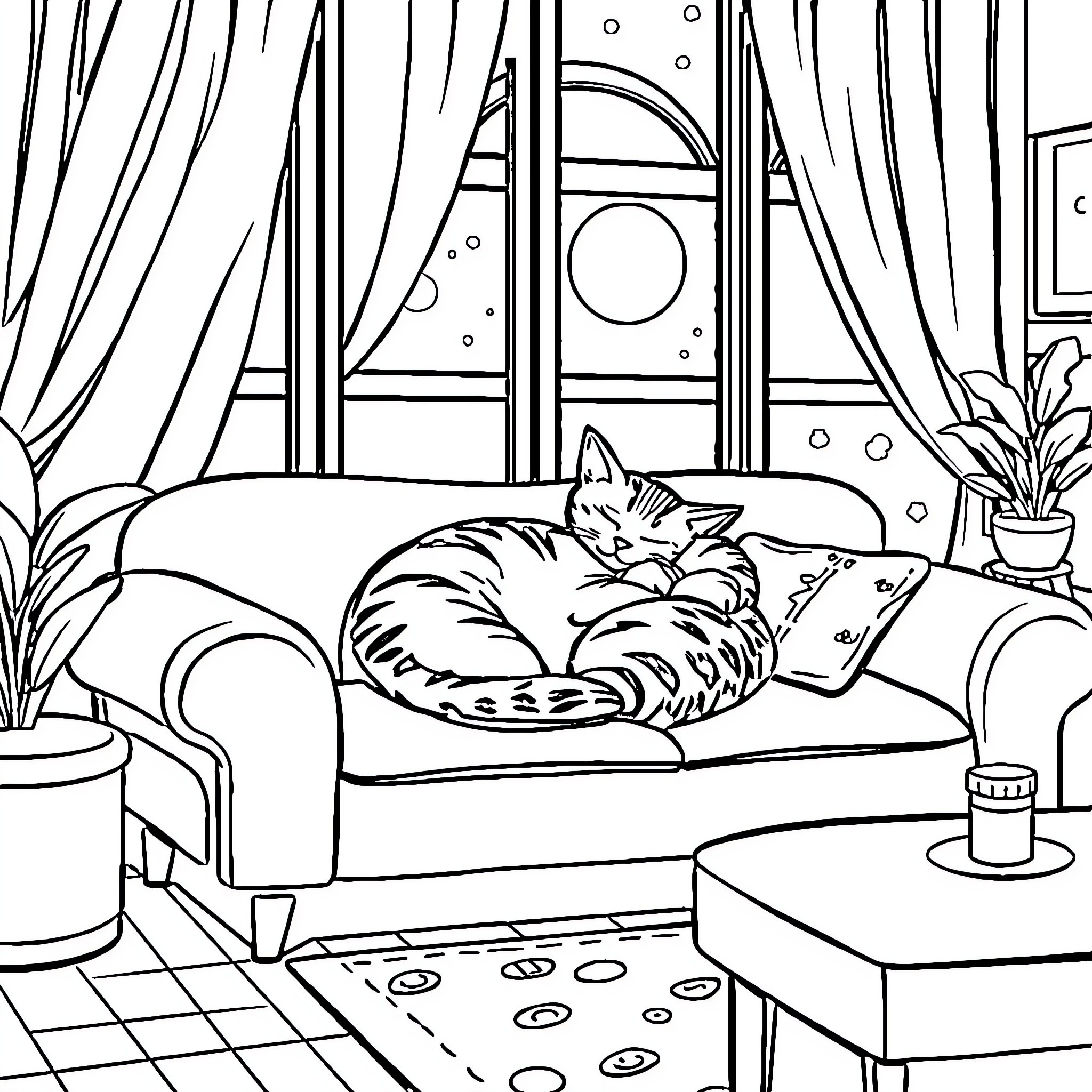 Cat relaxing on couch in cozy room Coloring Page (free black-and-white line drawing printable PDF for all, from beginners to advanced learners, including children, teens, adults, and seniors)