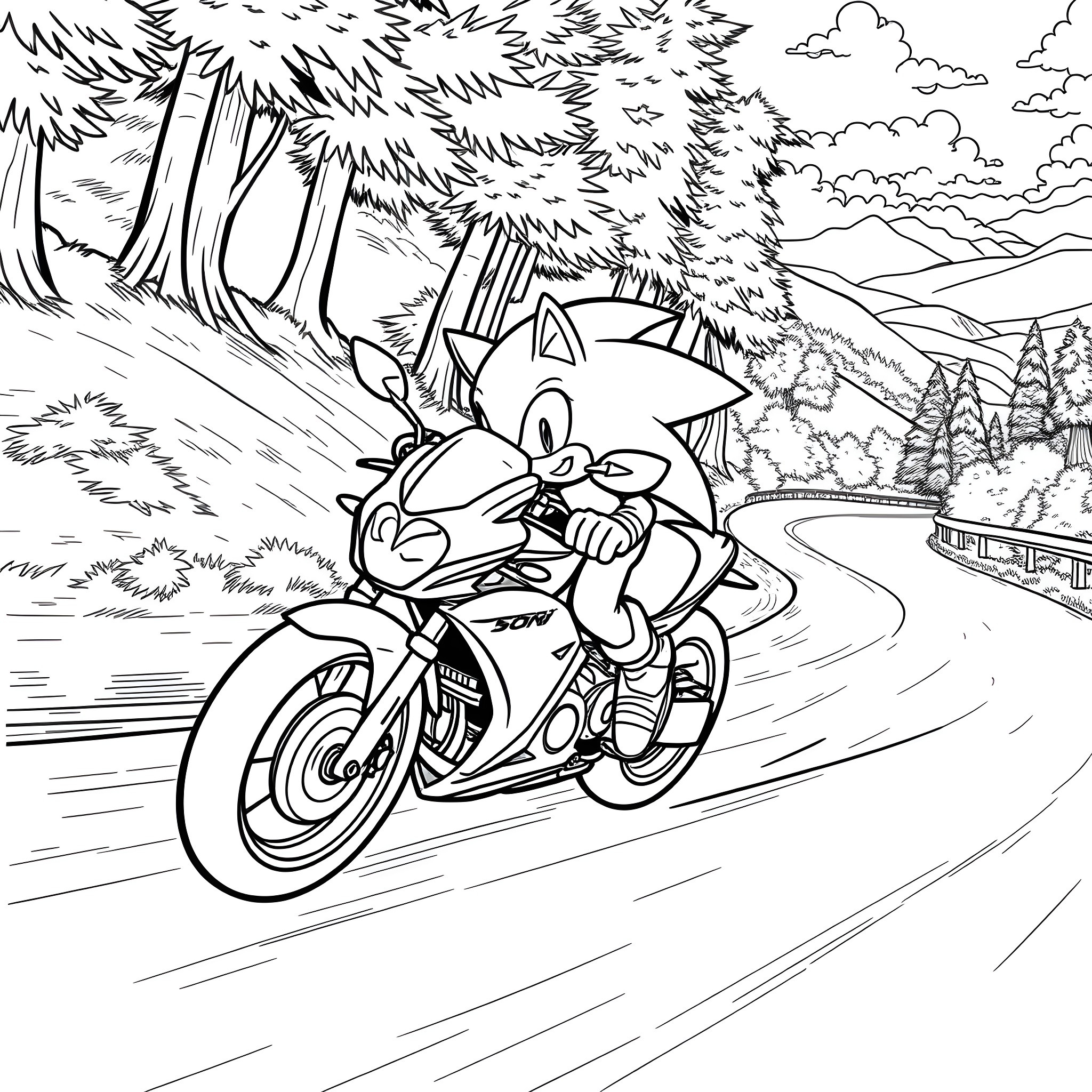 Sonic's High-Speed Motorcycle Adventure Coloring Page (free black-and-white line drawing printable PDF for all, from beginners to advanced learners, including children, teens, adults, and seniors)