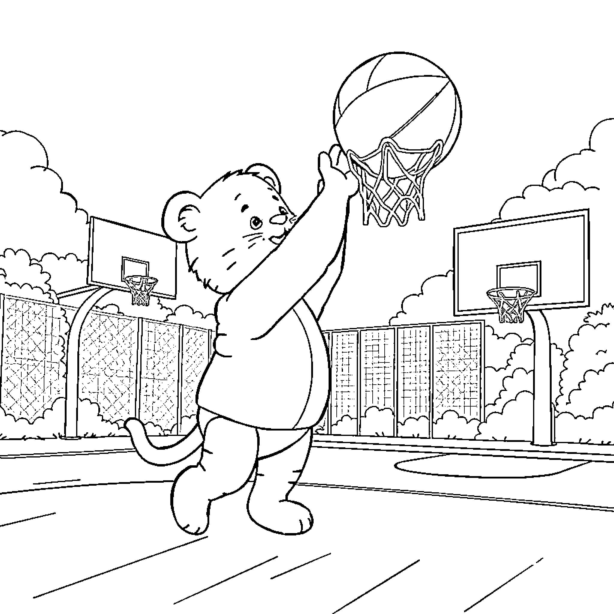 Daniel Tiger playing basketball on outdoor court Coloring Page (free black-and-white line drawing printable PDF for all, from beginners to advanced learners, including children, teens, adults, and seniors)