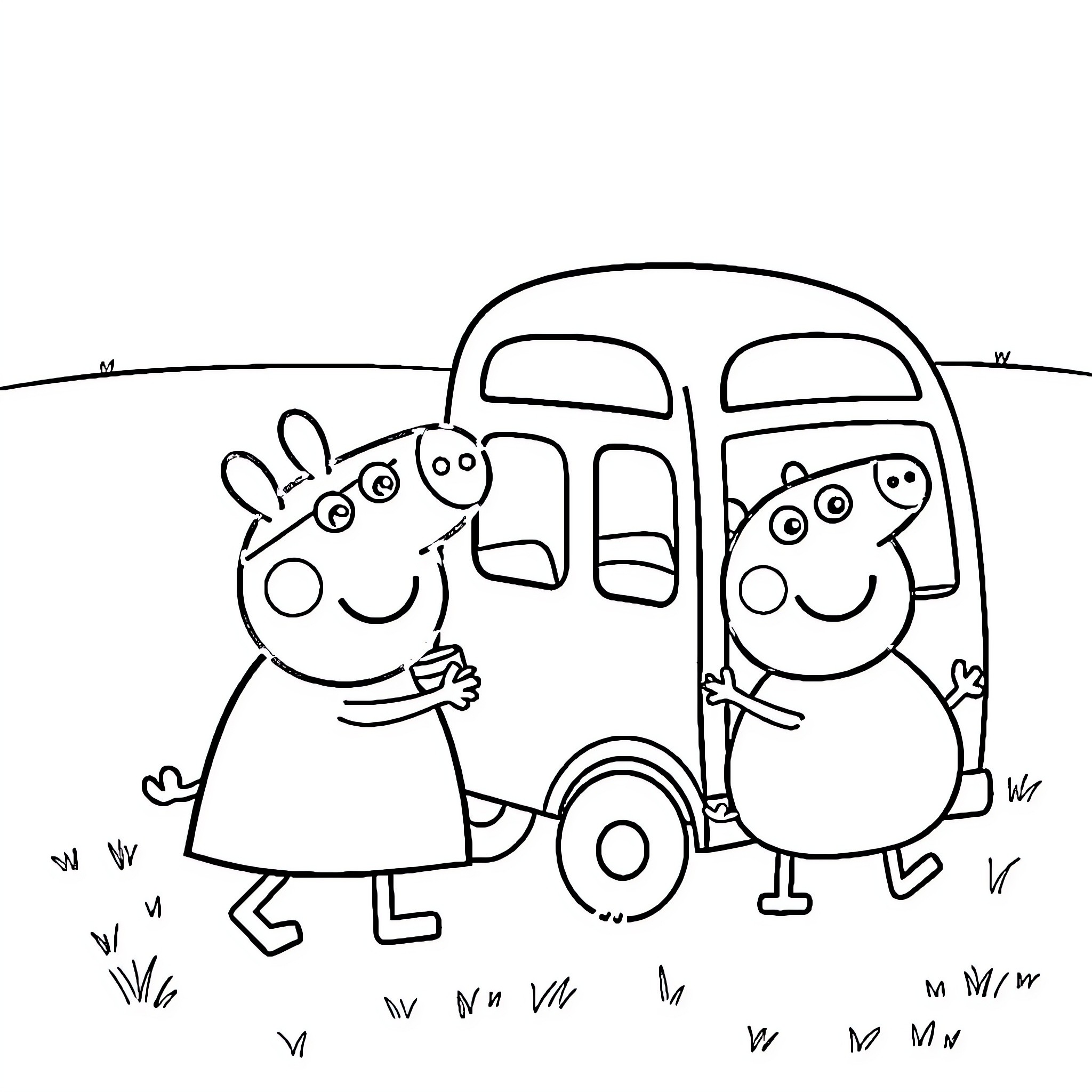 Peppa Pig and George playing near their family camper Coloring Page (free black-and-white line drawing printable PDF for all, from beginners to advanced learners, including children, teens, adults, and seniors)