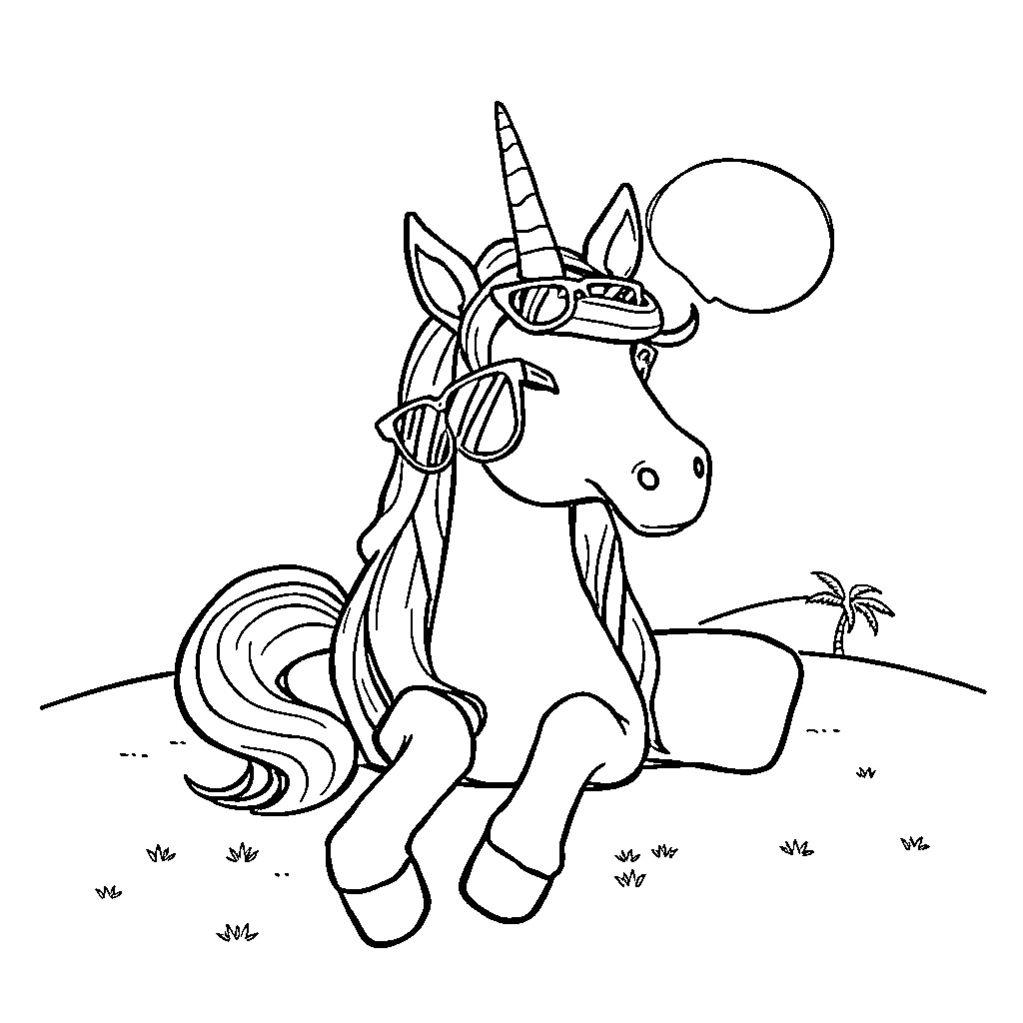 Unicorn sitting in a field with balloons Coloring Page (free black-and-white line drawing printable PDF for all, from beginners to advanced learners, including children, teens, adults, and seniors)