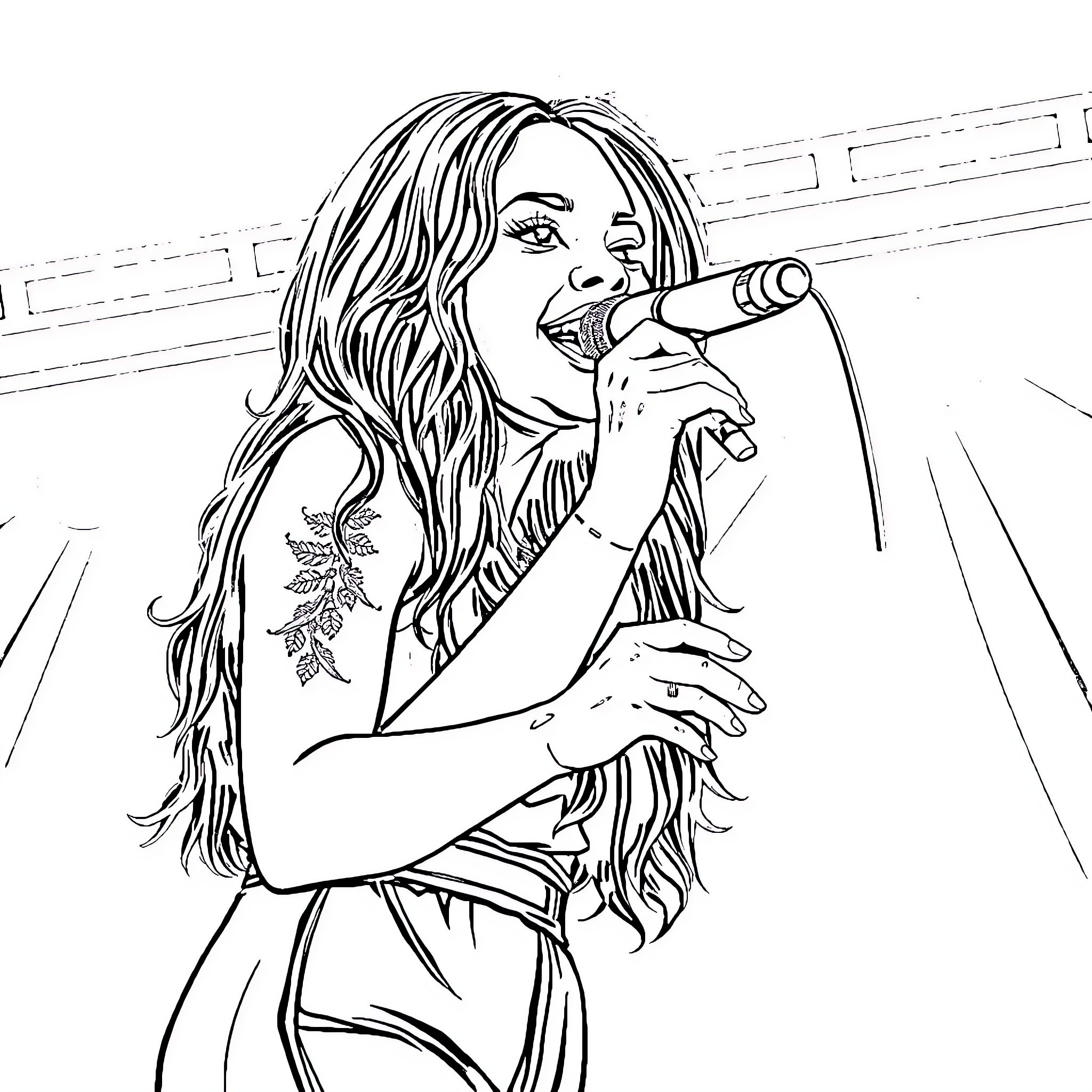 Kehlani performing on stage with microphone Coloring Page (free black-and-white line drawing printable PDF for all, from beginners to advanced learners, including children, teens, adults, and seniors)