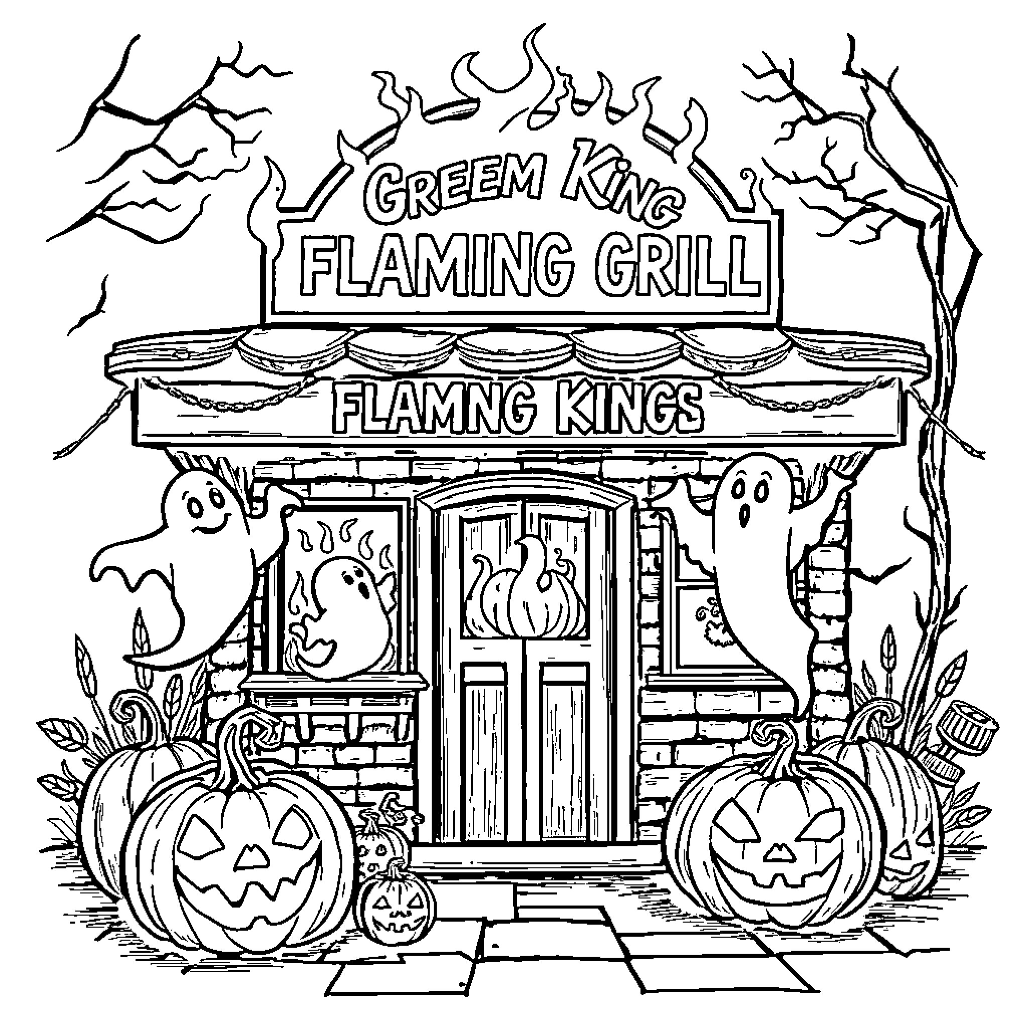 Flaming Grill with Spooky Halloween Decor Coloring Page (free black-and-white line drawing printable PDF for all, from beginners to advanced learners, including children, teens, adults, and seniors)