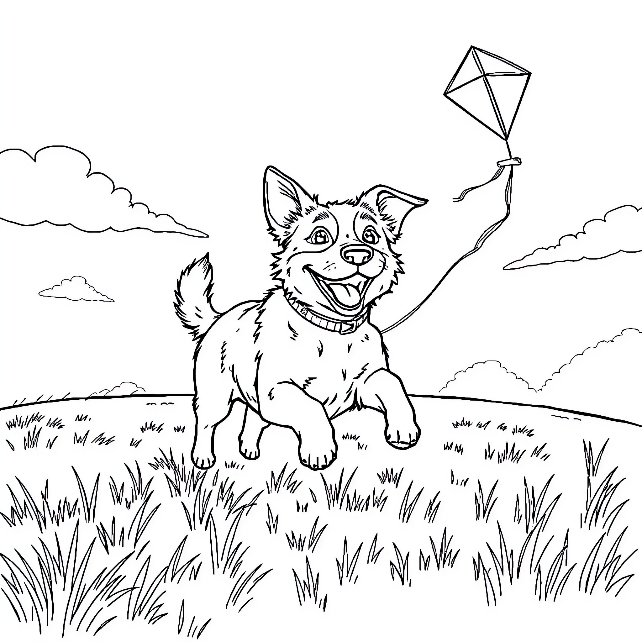 Dog playing joyfully with kite in the meadow Coloring Page (free black-and-white line drawing printable PDF for all, from beginners to advanced learners, including children, teens, adults, and seniors)