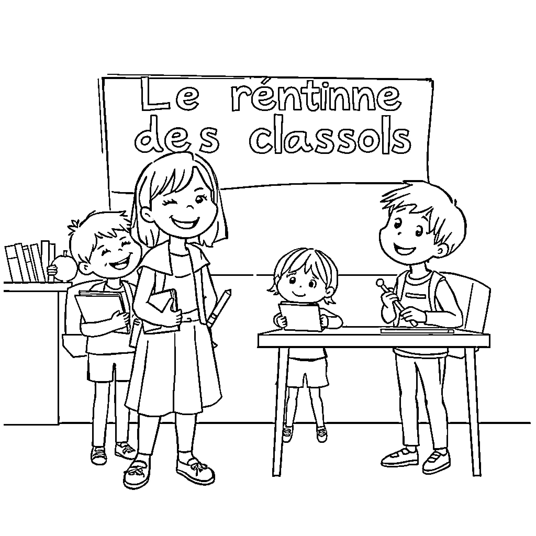 School students gathered for classroom time Coloring Page (free black-and-white line drawing printable PDF for all, from beginners to advanced learners, including children, teens, adults, and seniors)