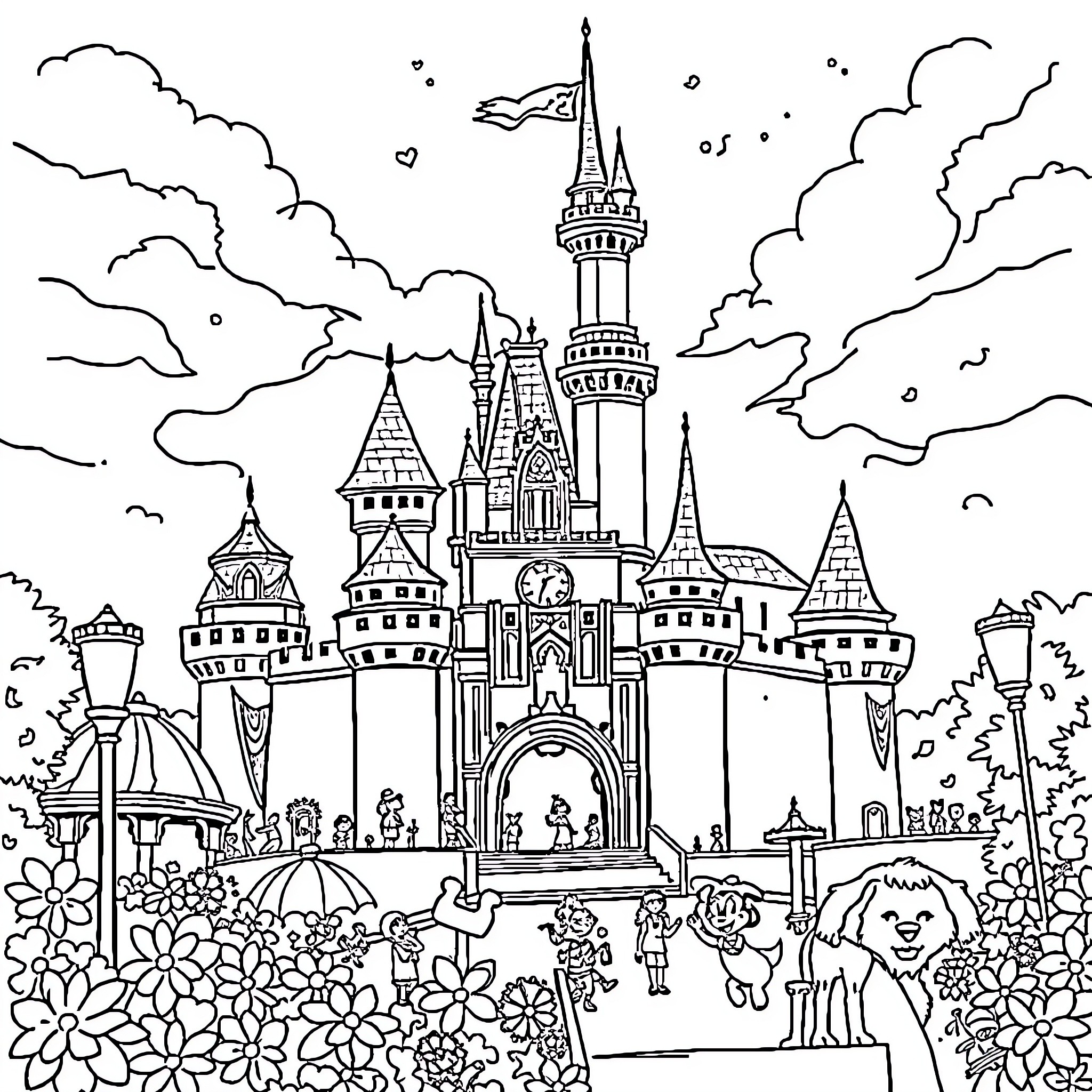 Disney characters at a magical castle Coloring Page (free black-and-white line drawing printable PDF for all, from beginners to advanced learners, including children, teens, adults, and seniors)