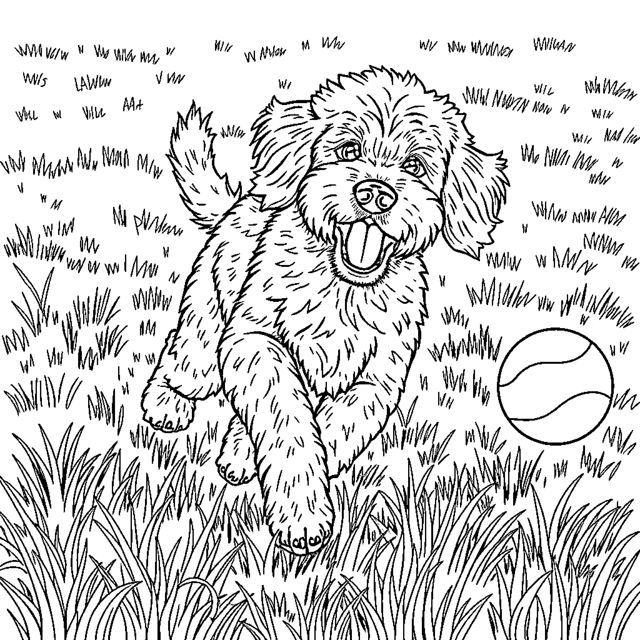 Doodle of a playful puppy in a grassy field Coloring Page (free black-and-white line drawing printable PDF for all, from beginners to advanced learners, including children, teens, adults, and seniors)