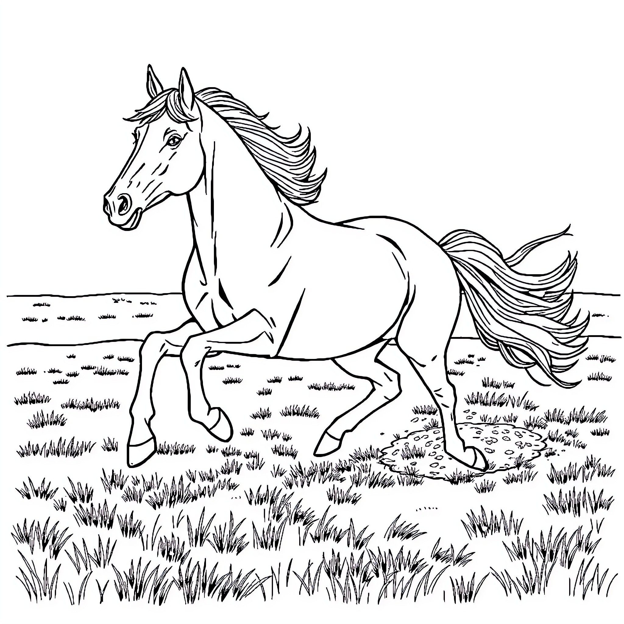 Horse galloping freely across the grassy field Coloring Page (free black-and-white line drawing printable PDF for all, from beginners to advanced learners, including children, teens, adults, and seniors)