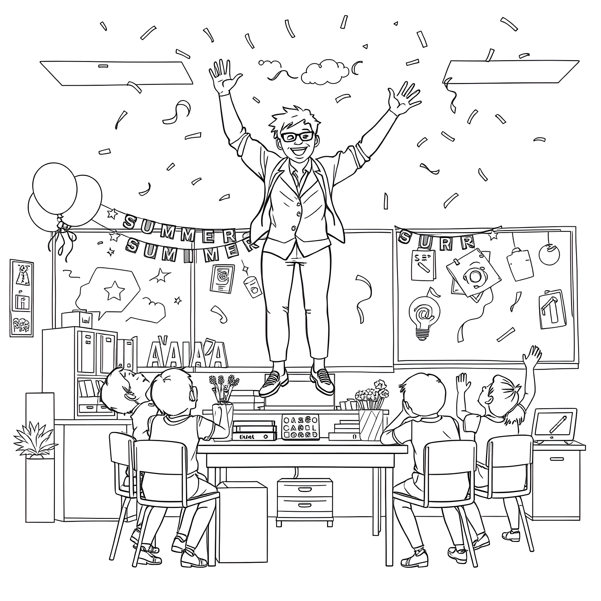 Teacher leading a fun and engaging classroom activity Coloring Page (free black-and-white line drawing printable PDF for all, from beginners to advanced learners, including children, teens, adults, and seniors)