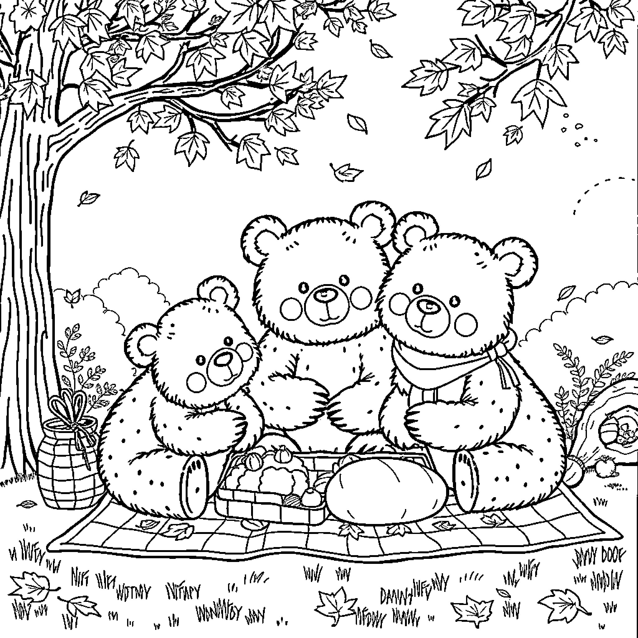 Bear family picnicking in the forest Coloring Page (free black-and-white line drawing printable PDF for all, from beginners to advanced learners, including children, teens, adults, and seniors)