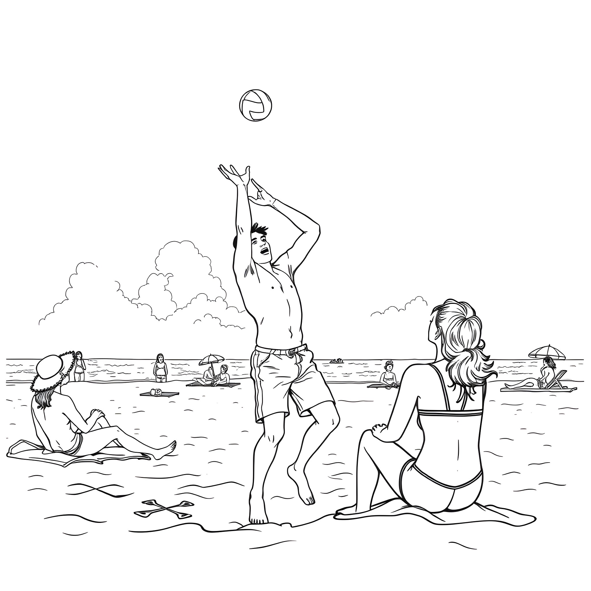 Kenny Sorensen playing volleyball with friends at the beach Coloring Page (free black-and-white line drawing printable PDF for all, from beginners to advanced learners, including children, teens, adults, and seniors)