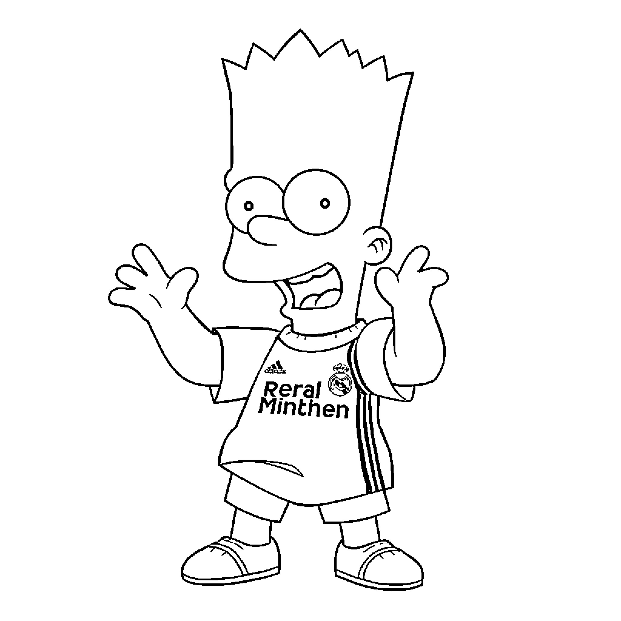 Bart Simpson wearing Real Madrid jersey and celebrating Coloring Page (free black-and-white line drawing printable PDF for all, from beginners to advanced learners, including children, teens, adults, and seniors)