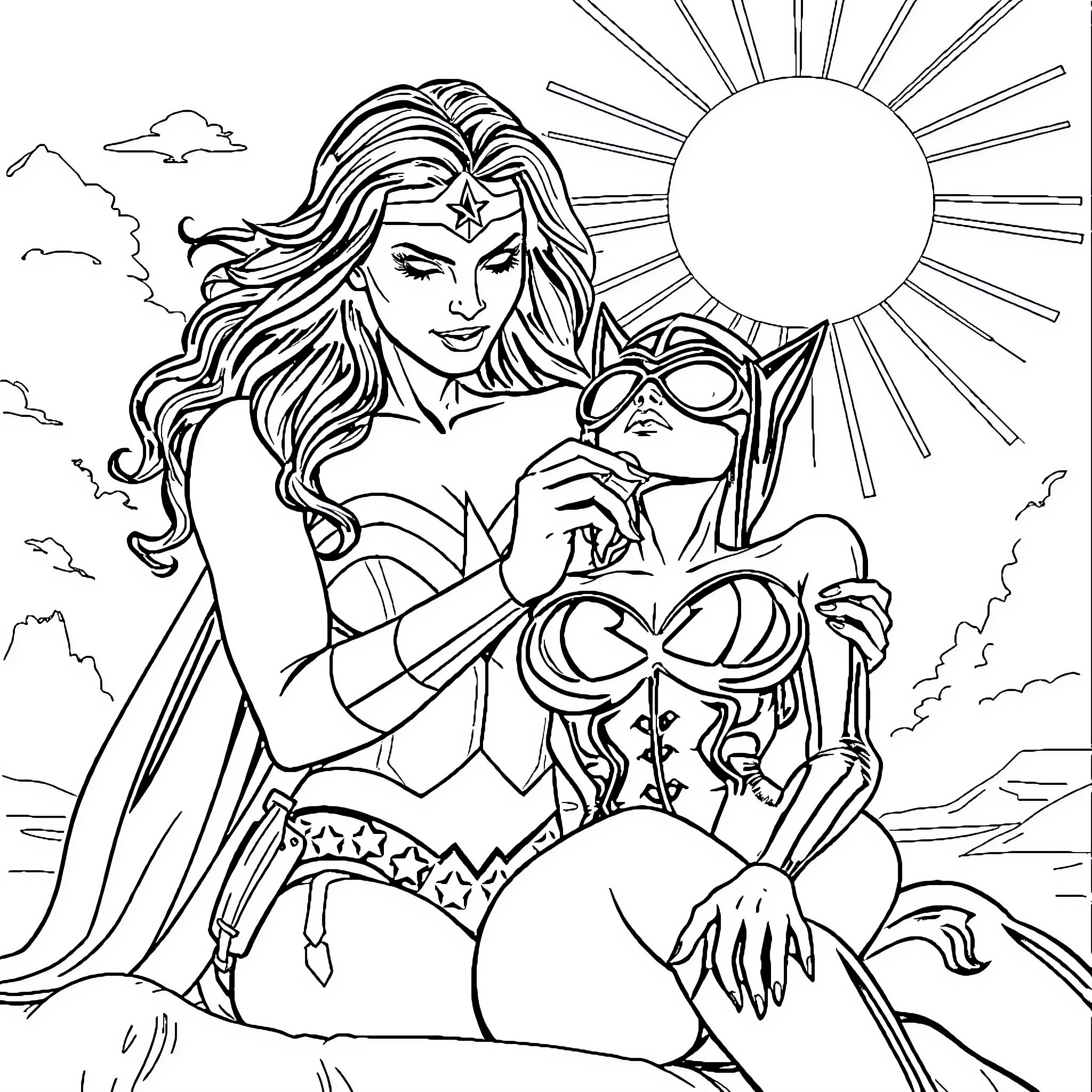 Wonder Woman showcasing her strength and heroism Coloring Page (free black-and-white line drawing printable PDF for all, from beginners to advanced learners, including children, teens, adults, and seniors)