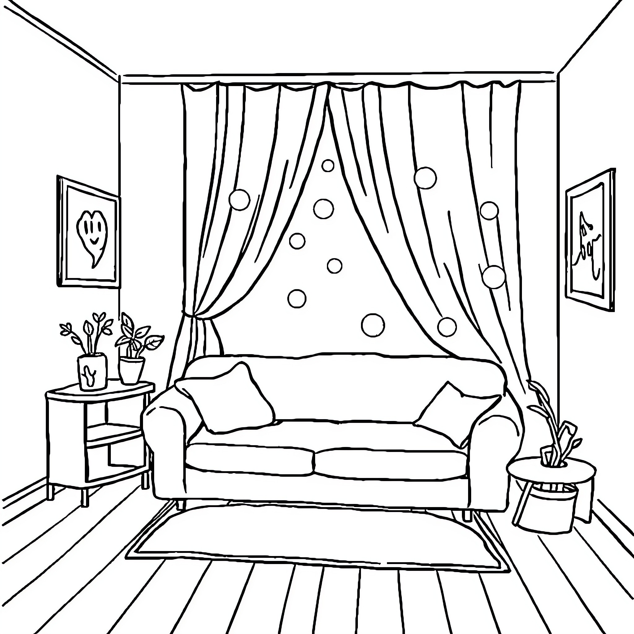 Emotion-filled Living Room Ambiance Coloring Page (free black-and-white line drawing printable PDF for all, from beginners to advanced learners, including children, teens, adults, and seniors)