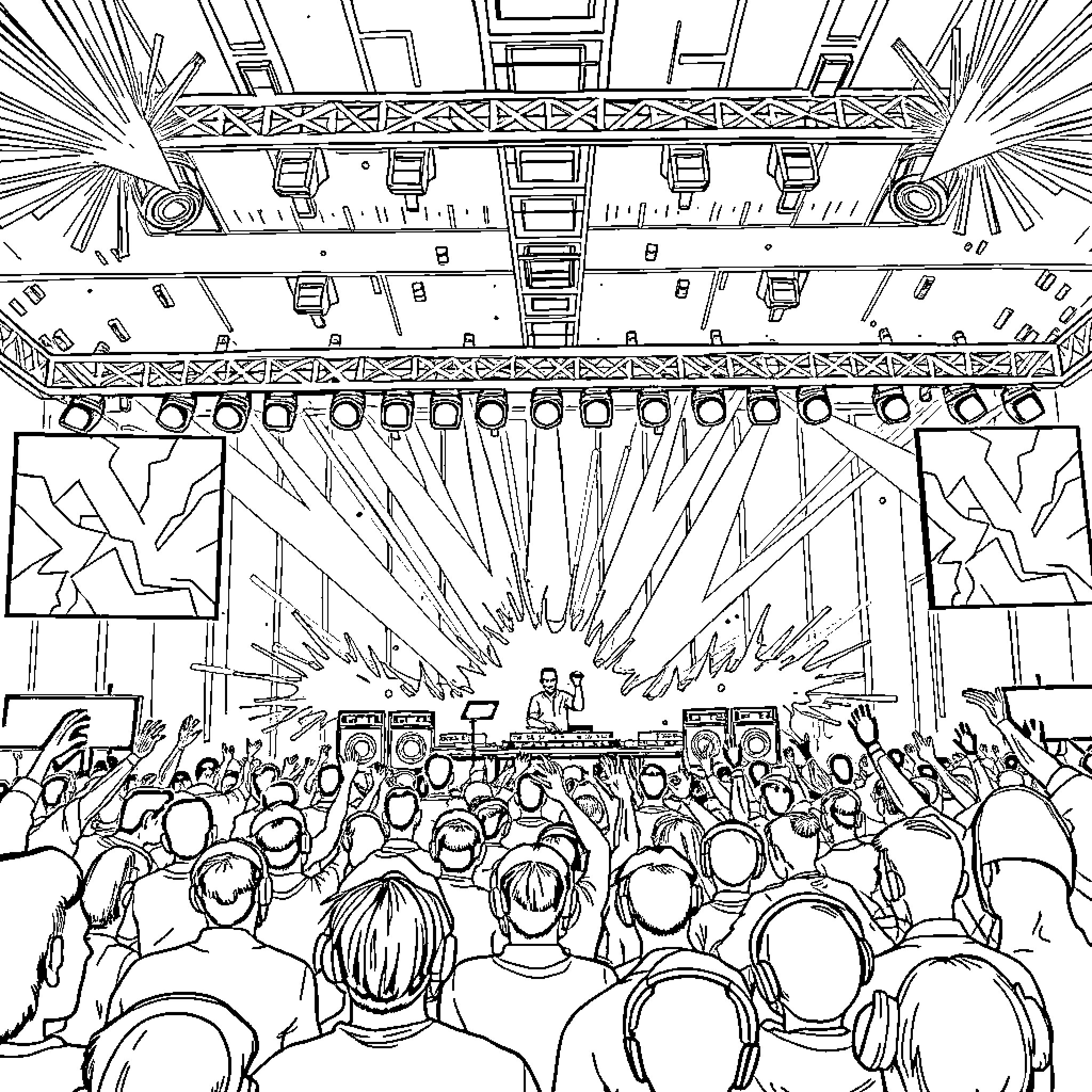 Swedish House Mafia Performing on a Grand Stage Coloring Page (free black-and-white line drawing printable PDF for all, from beginners to advanced learners, including children, teens, adults, and seniors)