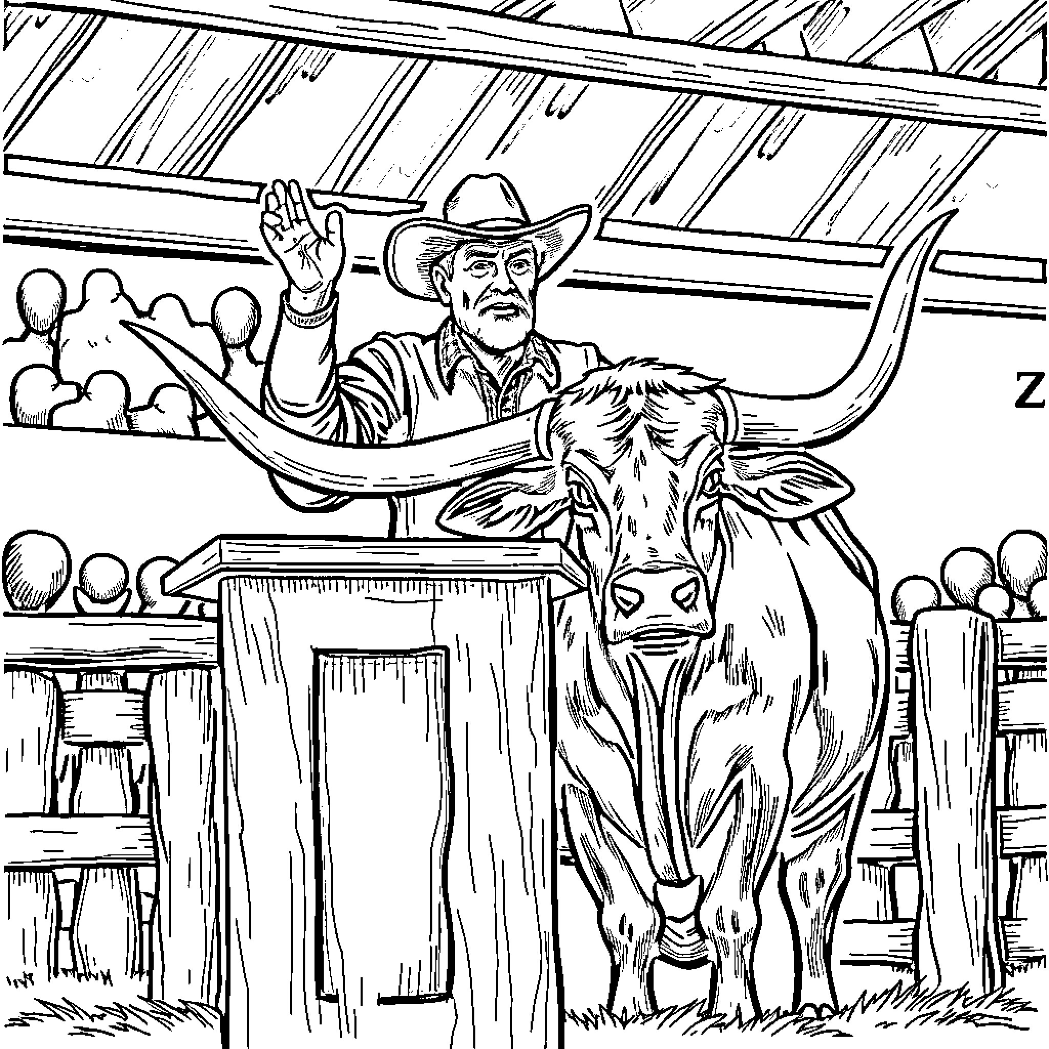 Cattle Farmer Wrangling Cows in Barn Interior Coloring Page (free black-and-white line drawing printable PDF for all, from beginners to advanced learners, including children, teens, adults, and seniors)