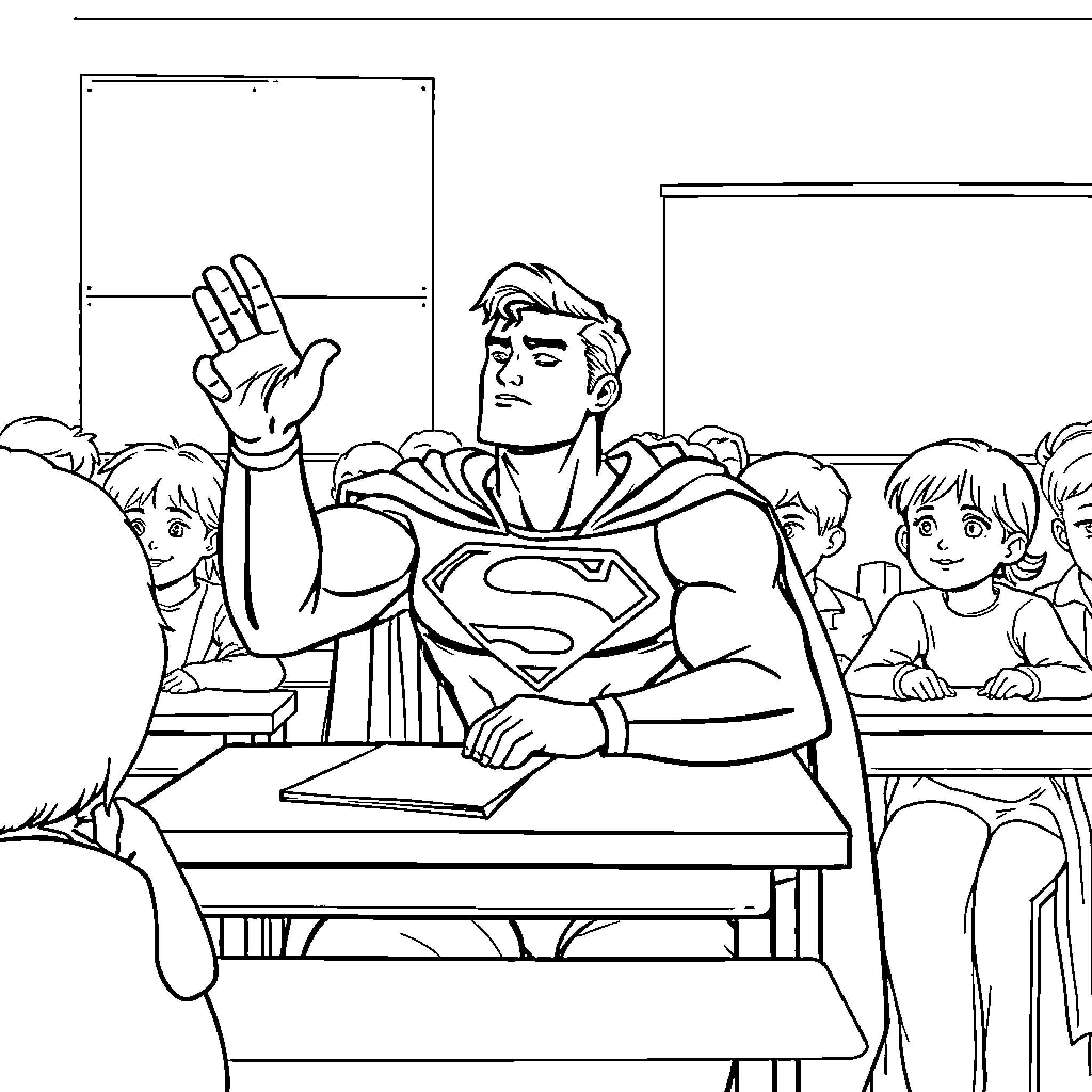 Superman Teaches Students in the Classroom Coloring Page (free black-and-white line drawing printable PDF for all, from beginners to advanced learners, including children, teens, adults, and seniors)