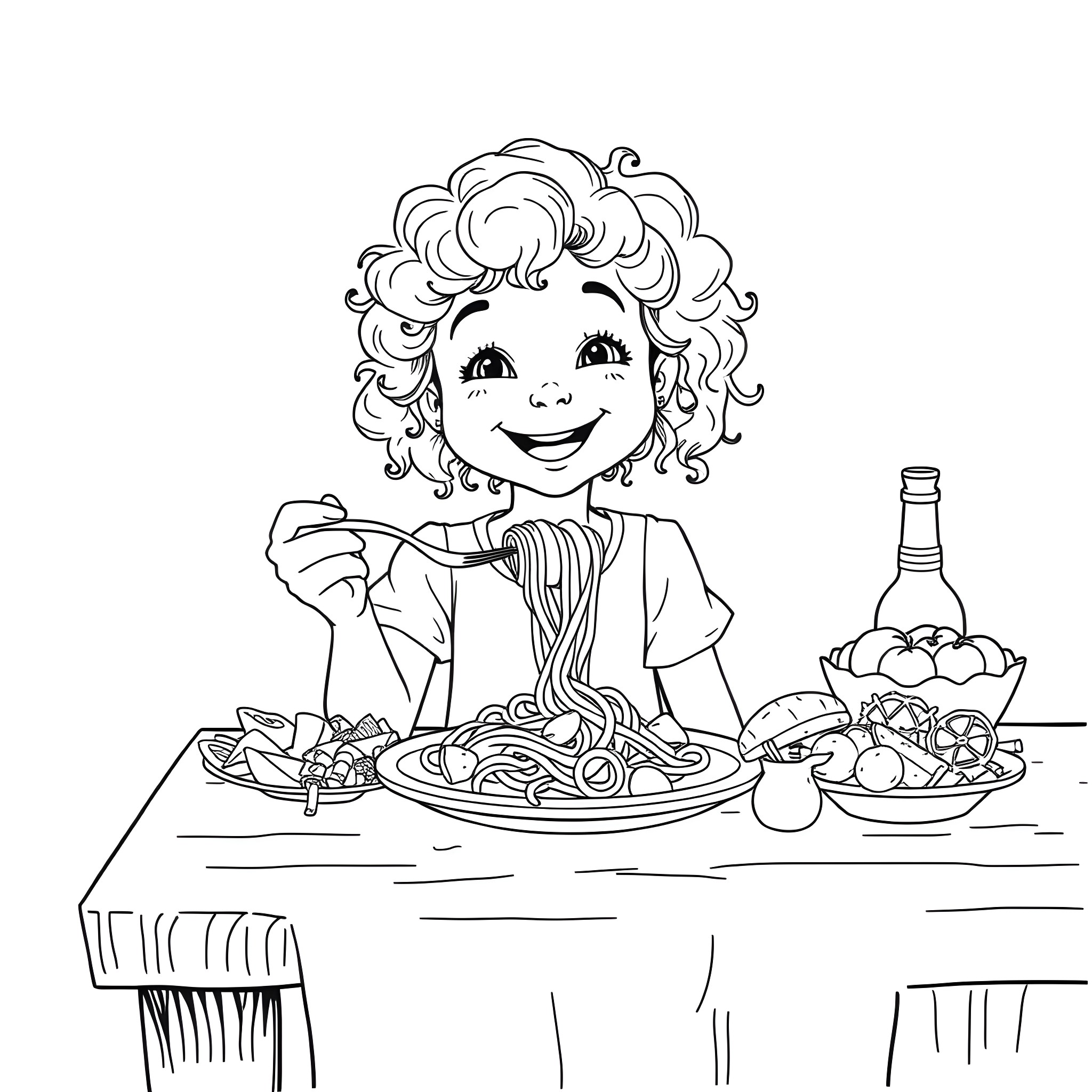 Girl enjoying a delicious meal Coloring Page (free black-and-white line drawing printable PDF for all, from beginners to advanced learners, including children, teens, adults, and seniors)