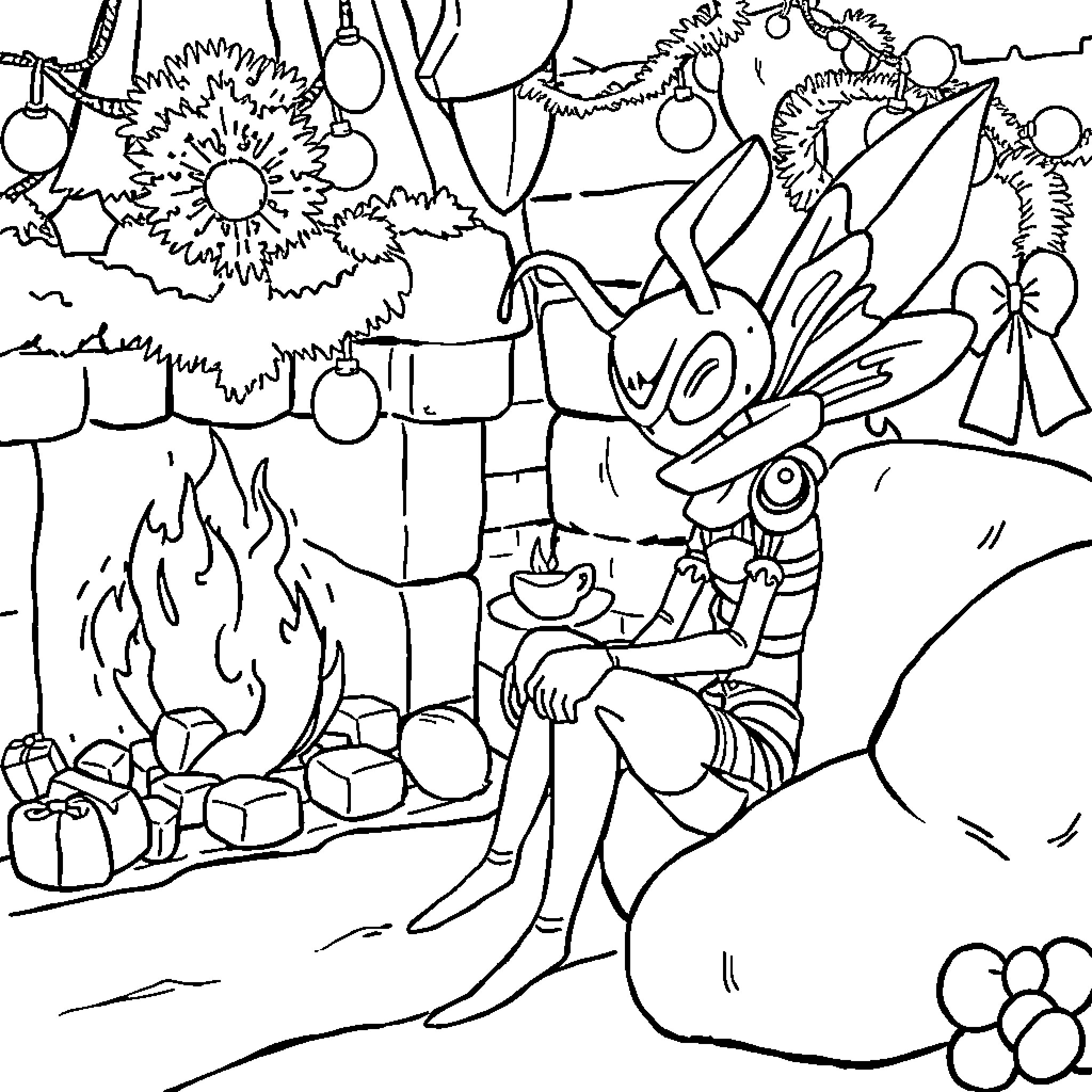 Hornet decorating festive winter scene with ornaments Coloring Page (free black-and-white line drawing printable PDF for all, from beginners to advanced learners, including children, teens, adults, and seniors)