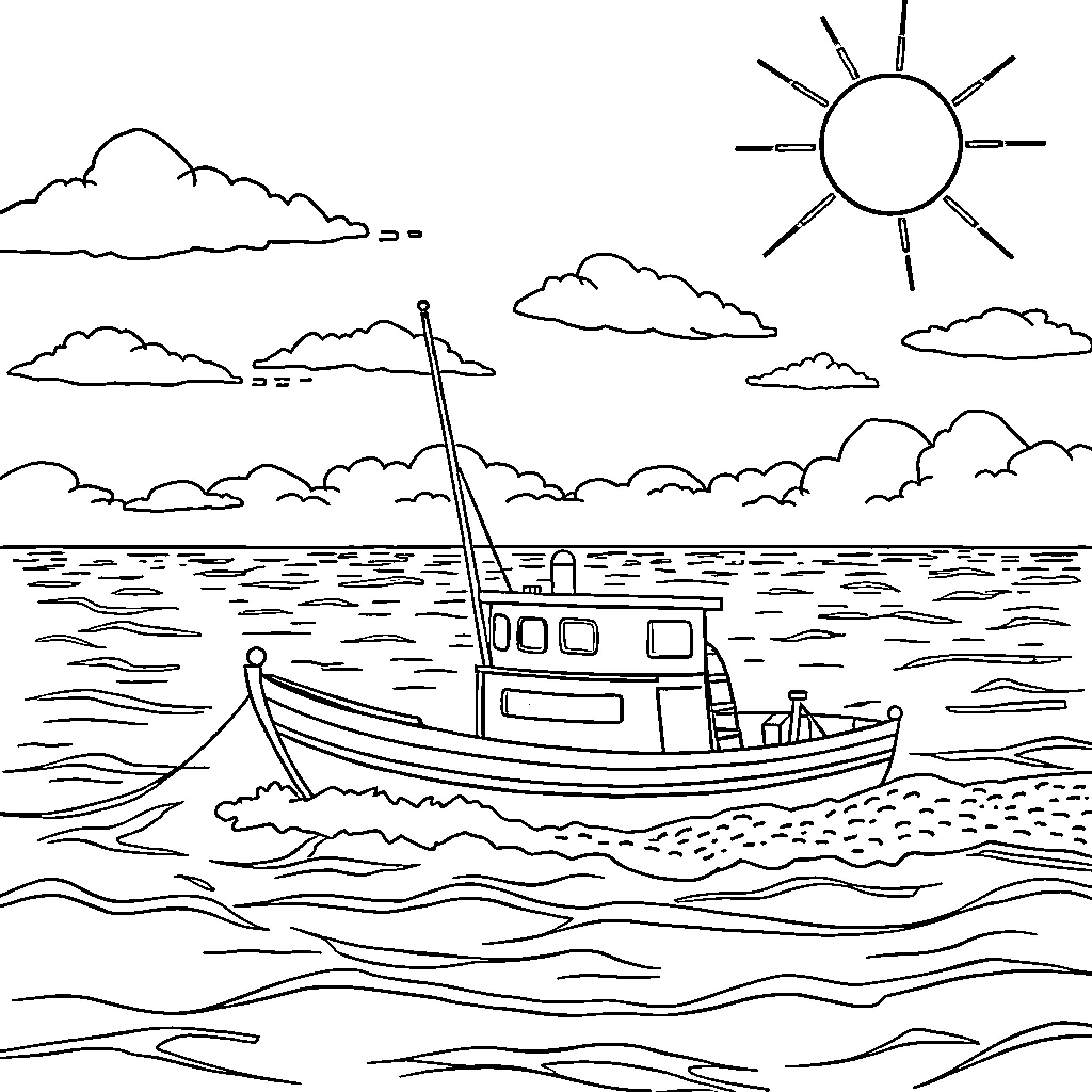 Boat sailing on the open sea Coloring Page (free black-and-white line drawing printable PDF for all, from beginners to advanced learners, including children, teens, adults, and seniors)
