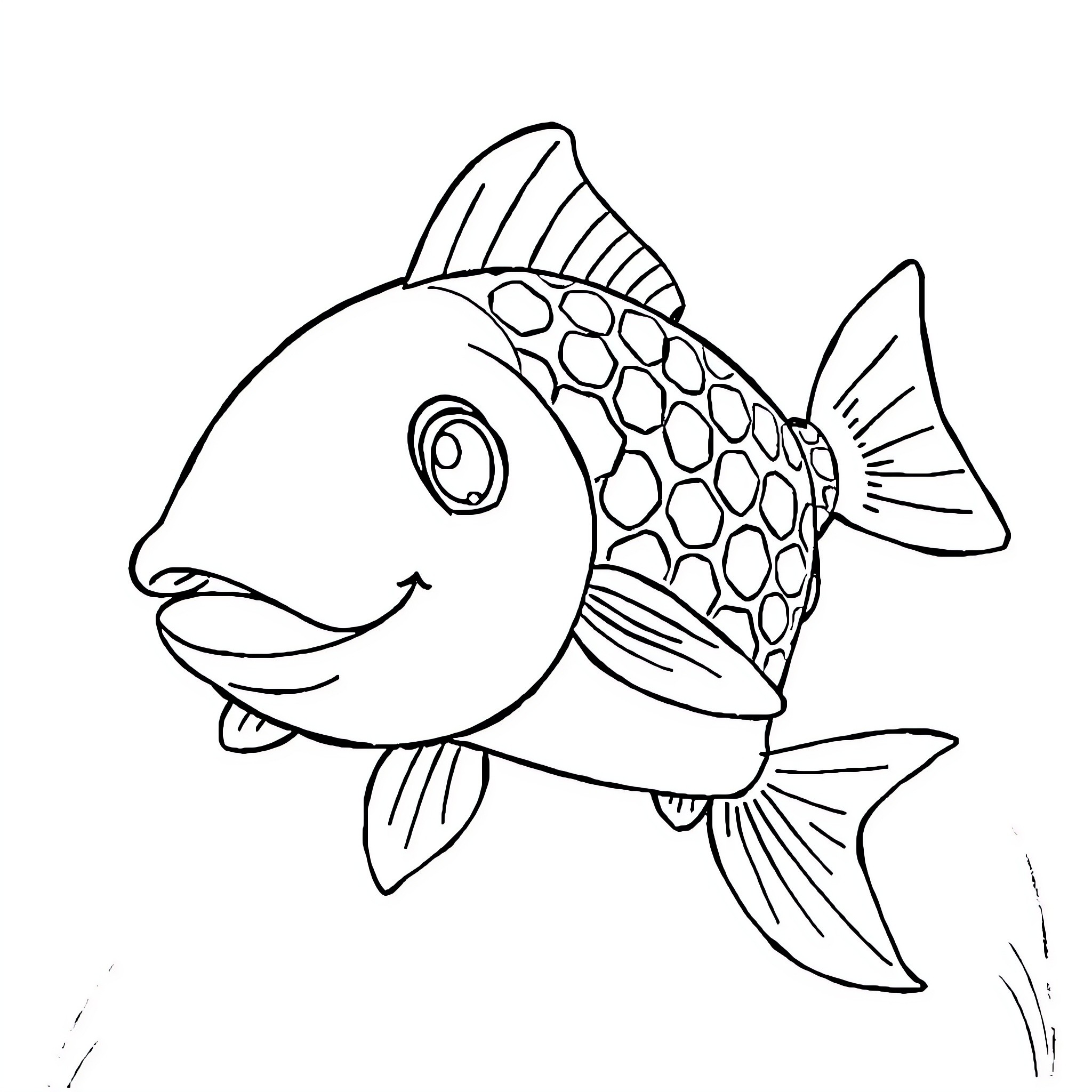 Labubu's Friendly Fish Coloring Page (free black-and-white line drawing printable PDF for all, from beginners to advanced learners, including children, teens, adults, and seniors)