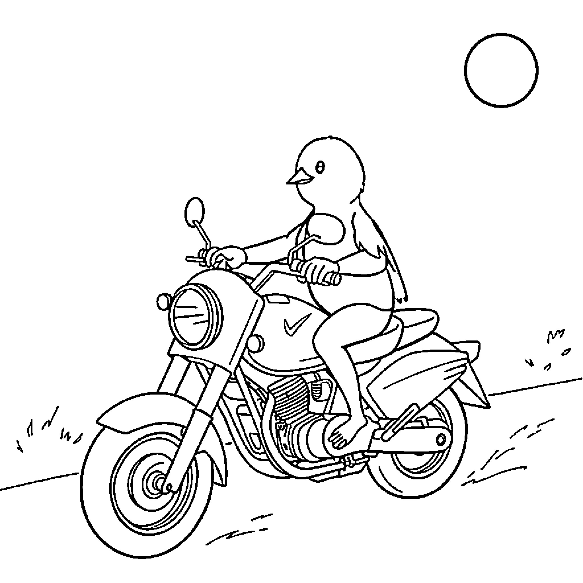 Chick riding a motorcycle on the road Coloring Page (free black-and-white line drawing printable PDF for all, from beginners to advanced learners, including children, teens, adults, and seniors)