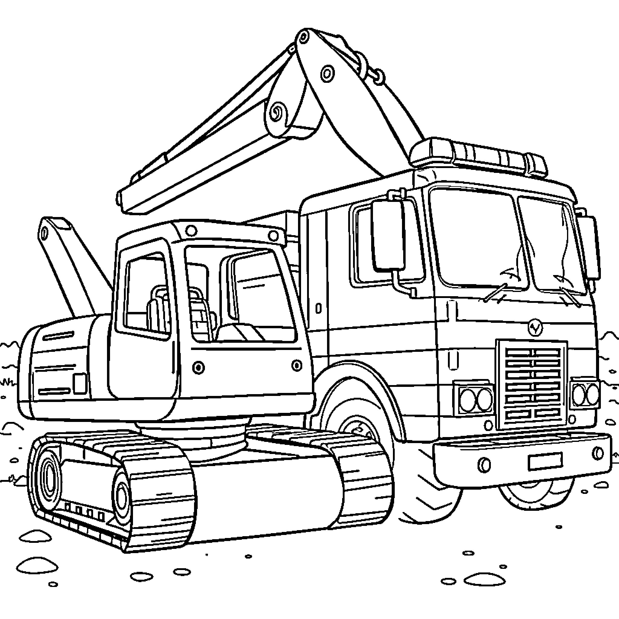 Excavator truck moving earth and debris on construction site Coloring Page (free black-and-white line drawing printable PDF for all, from beginners to advanced learners, including children, teens, adults, and seniors)