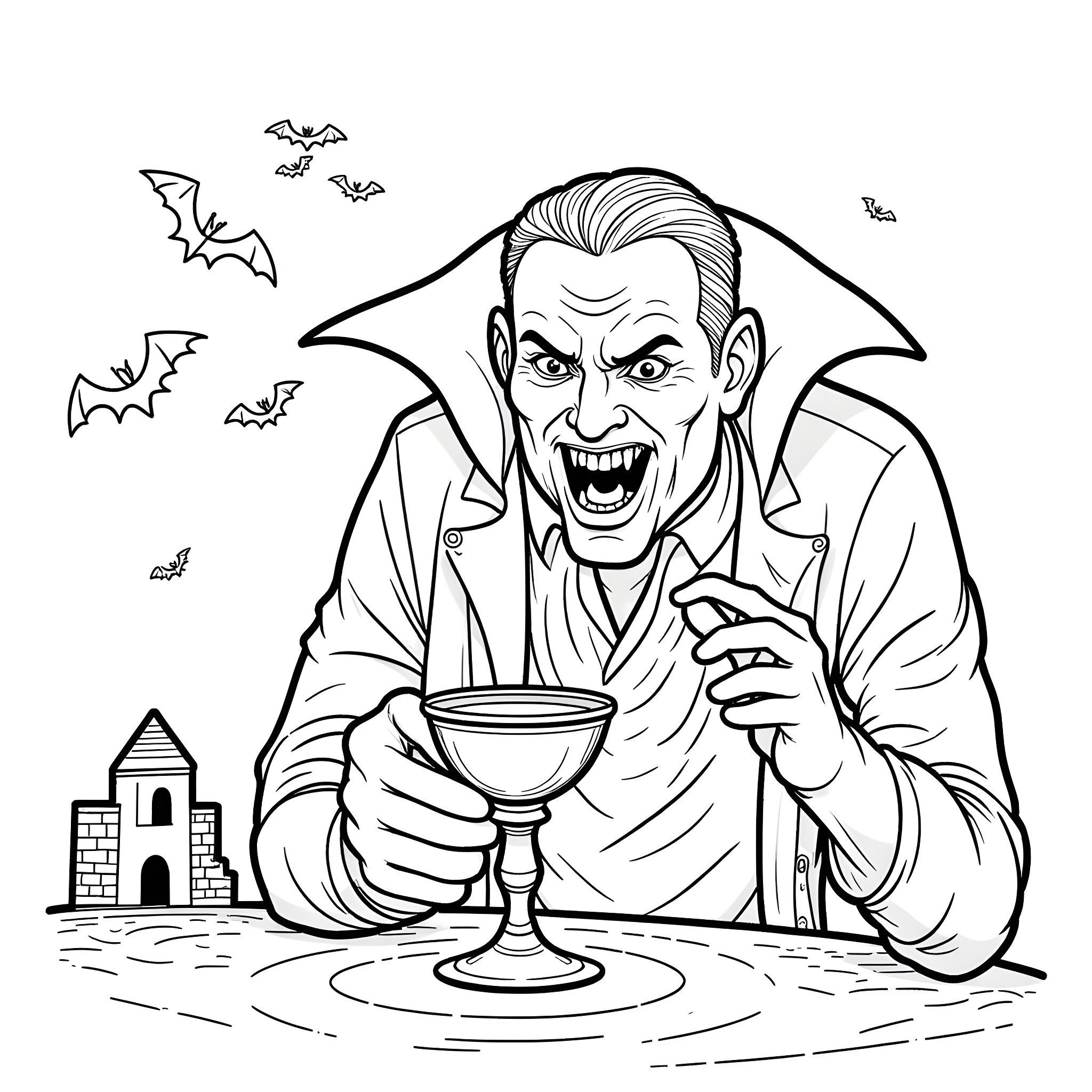Vampire celebrating with a goblet of wine in a spooky scene Coloring Page (free black-and-white line drawing printable PDF for all, from beginners to advanced learners, including children, teens, adults, and seniors)