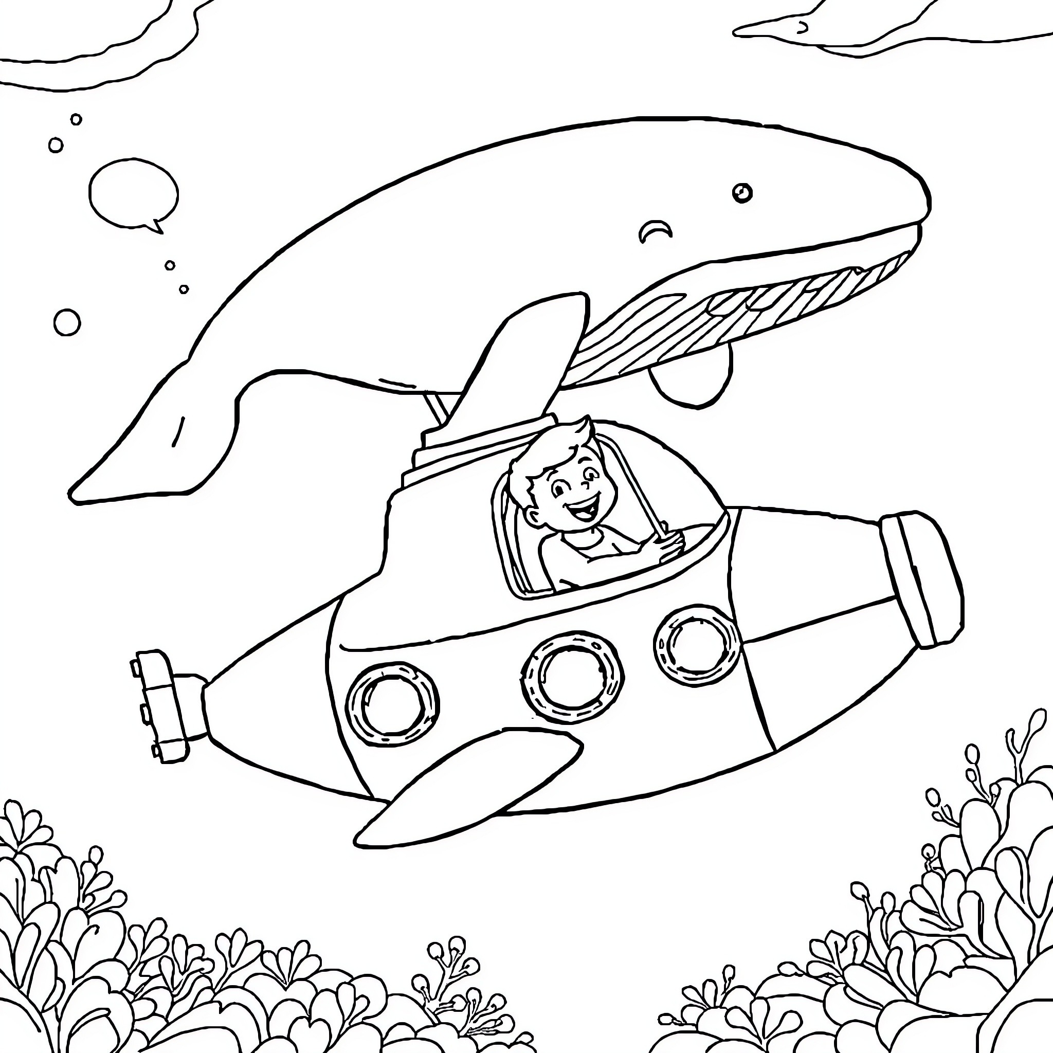 Whale exploring underwater with a young adventurer Coloring Page (free black-and-white line drawing printable PDF for all, from beginners to advanced learners, including children, teens, adults, and seniors)