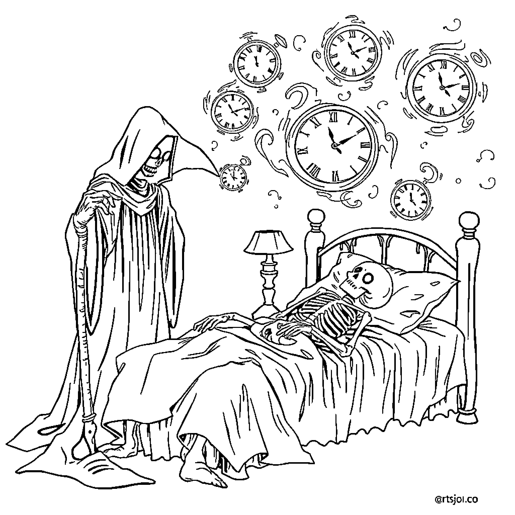 Grim Reaper visits sleeping person surrounded by clocks Coloring Page (free black-and-white line drawing printable PDF for all, from beginners to advanced learners, including children, teens, adults, and seniors)