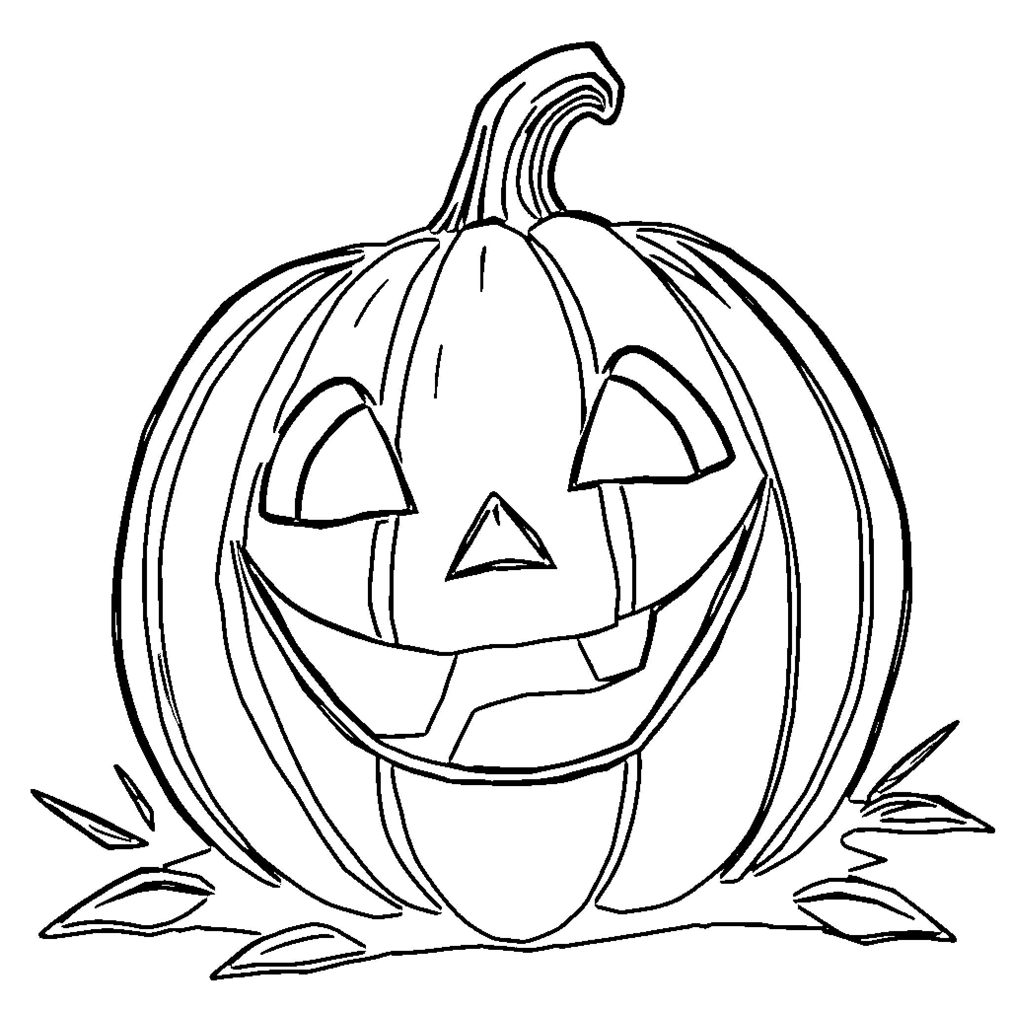 Jack-o'-lantern with a happy expression Coloring Page (free black-and-white line drawing printable PDF for all, from beginners to advanced learners, including children, teens, adults, and seniors)