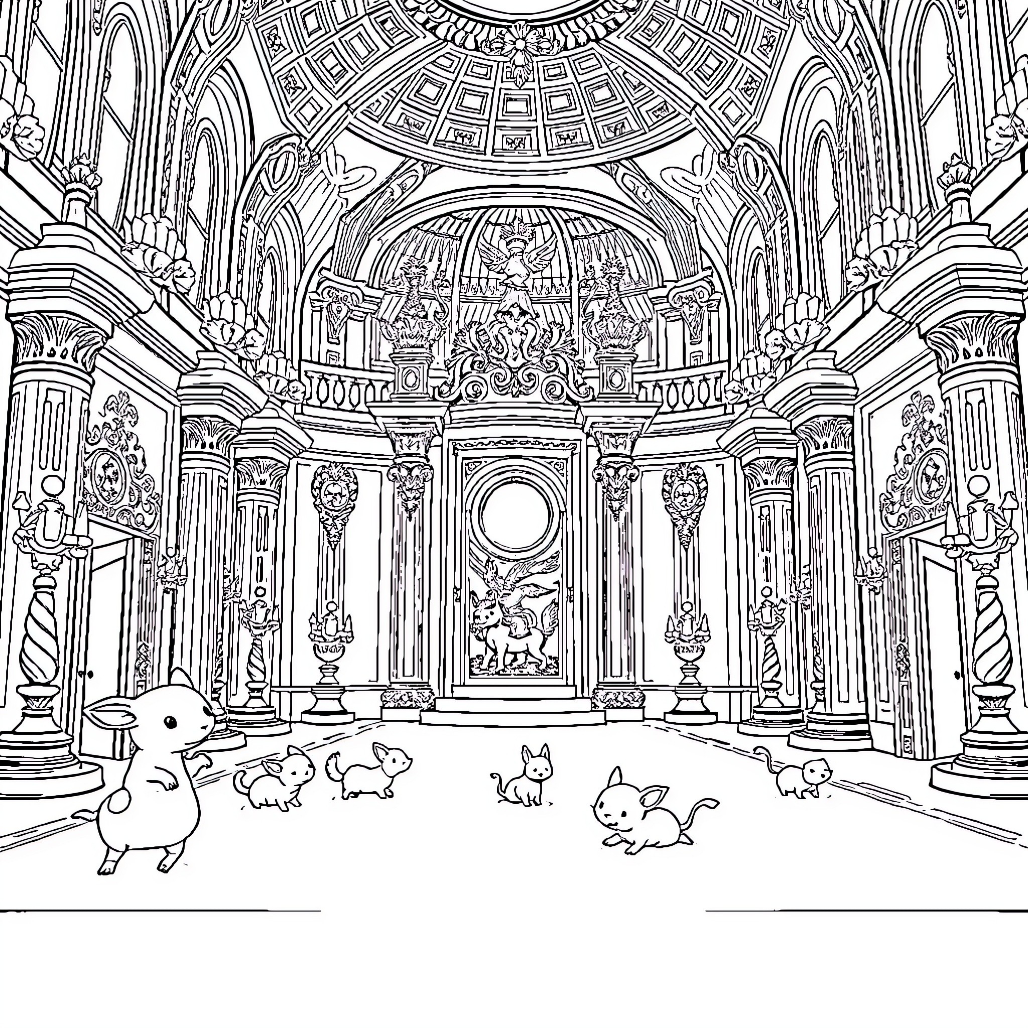 Chibi Animals Exploring Ornate Palace Interior Coloring Page (free black-and-white line drawing printable PDF for all, from beginners to advanced learners, including children, teens, adults, and seniors)