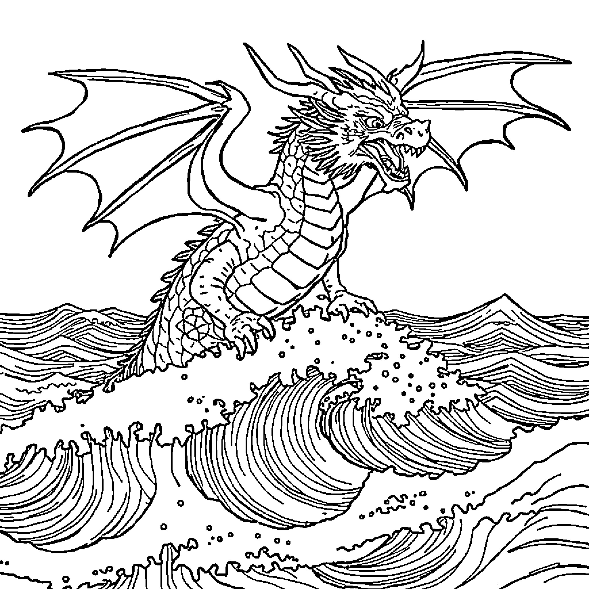 Water Dragon riding massive ocean waves Coloring Page (free black-and-white line drawing printable PDF for all, from beginners to advanced learners, including children, teens, adults, and seniors)