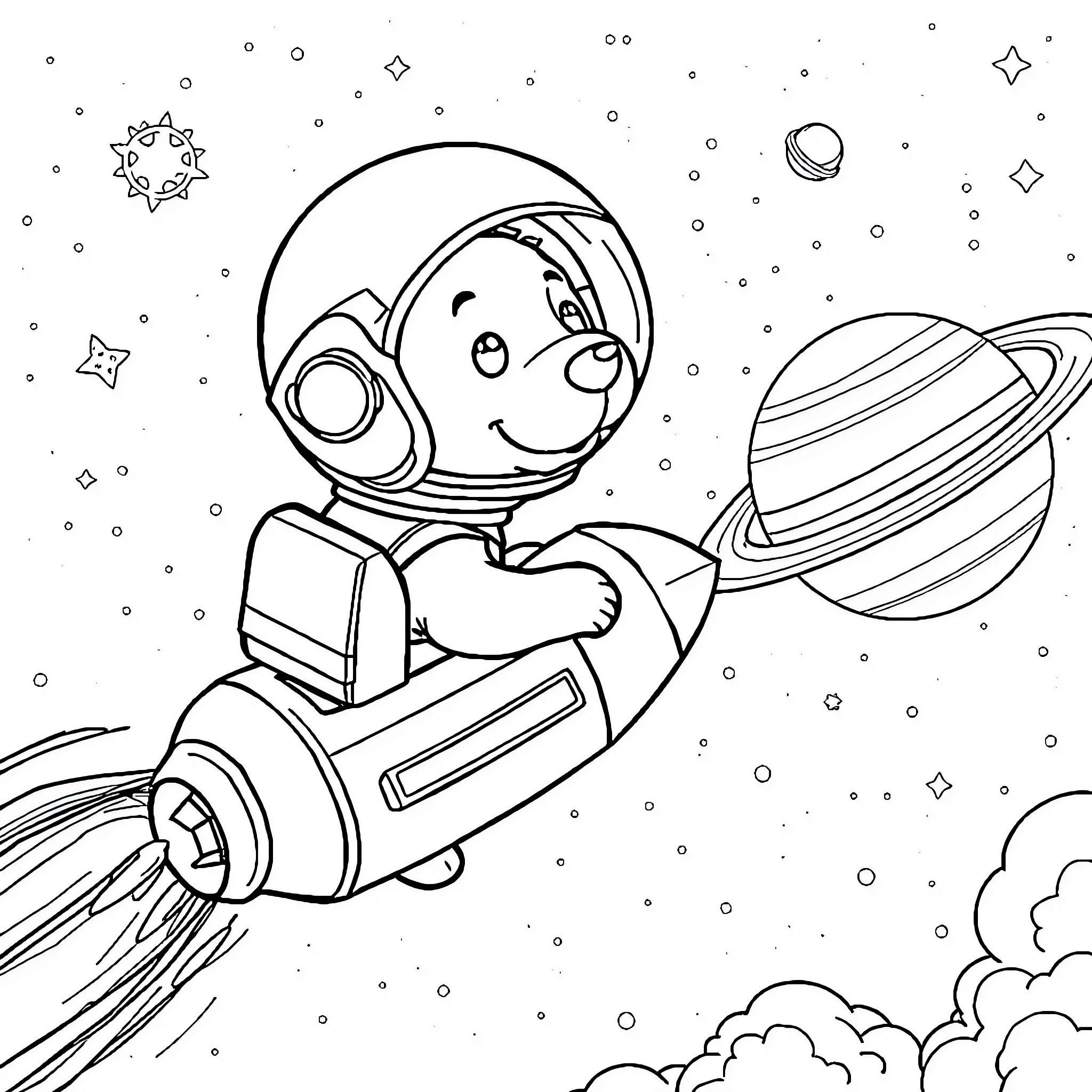Dog astronaut exploring outer space Coloring Page (free black-and-white line drawing printable PDF for all, from beginners to advanced learners, including children, teens, adults, and seniors)