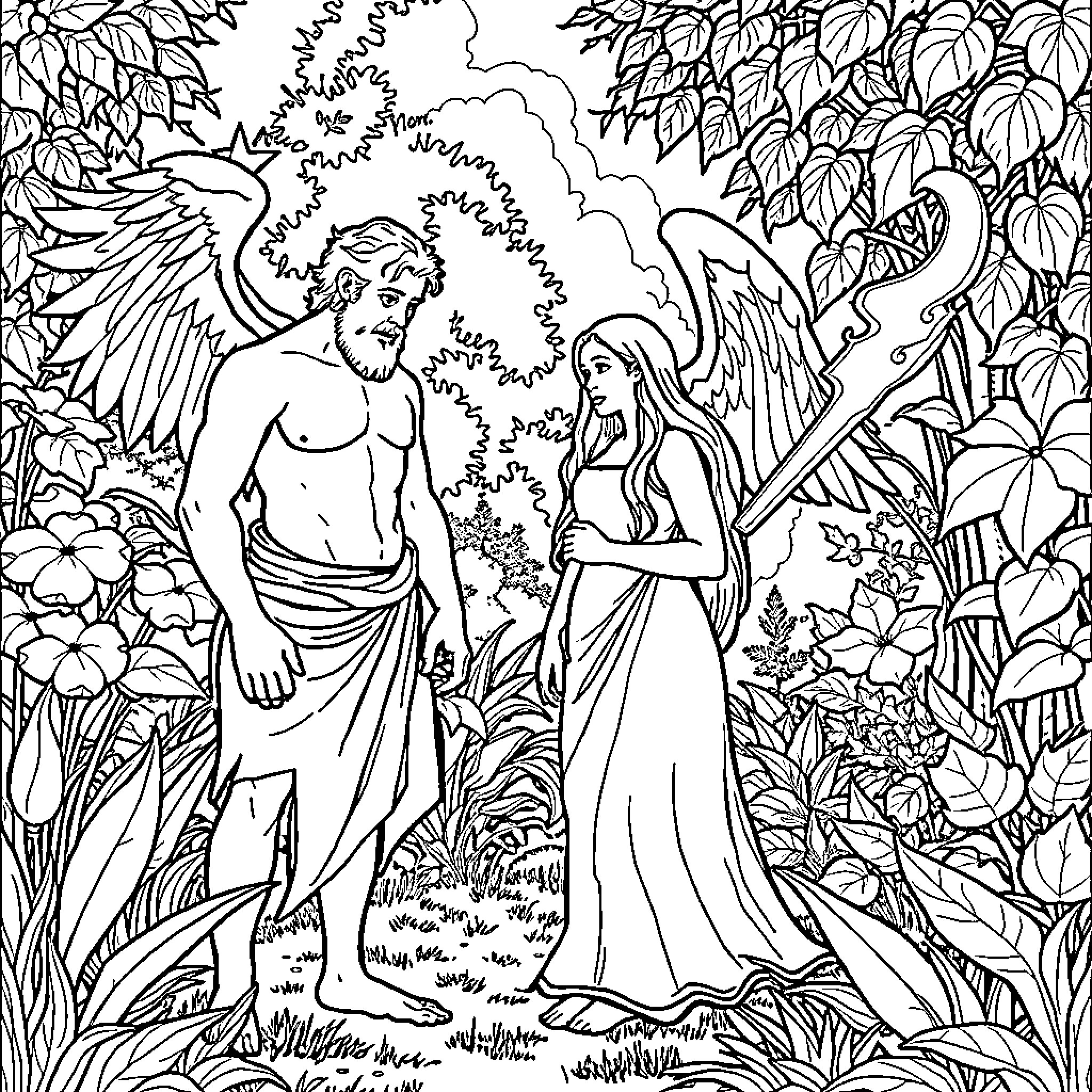 Adam and Eve in the Garden of Eden Coloring Page (free black-and-white line drawing printable PDF for all, from beginners to advanced learners, including children, teens, adults, and seniors)