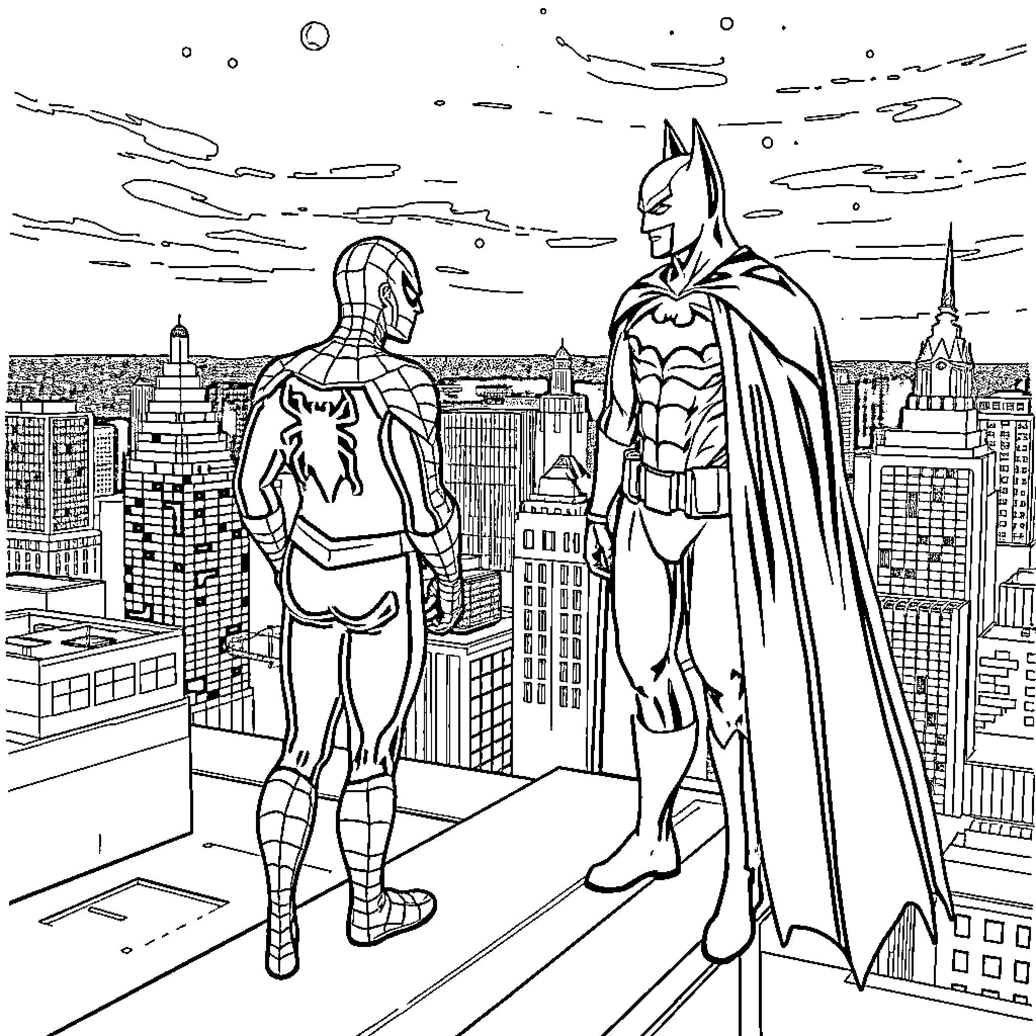 Spidey and Bat Hero in Action over City Coloring Page (free black-and-white line drawing printable PDF for all, from beginners to advanced learners, including children, teens, adults, and seniors)