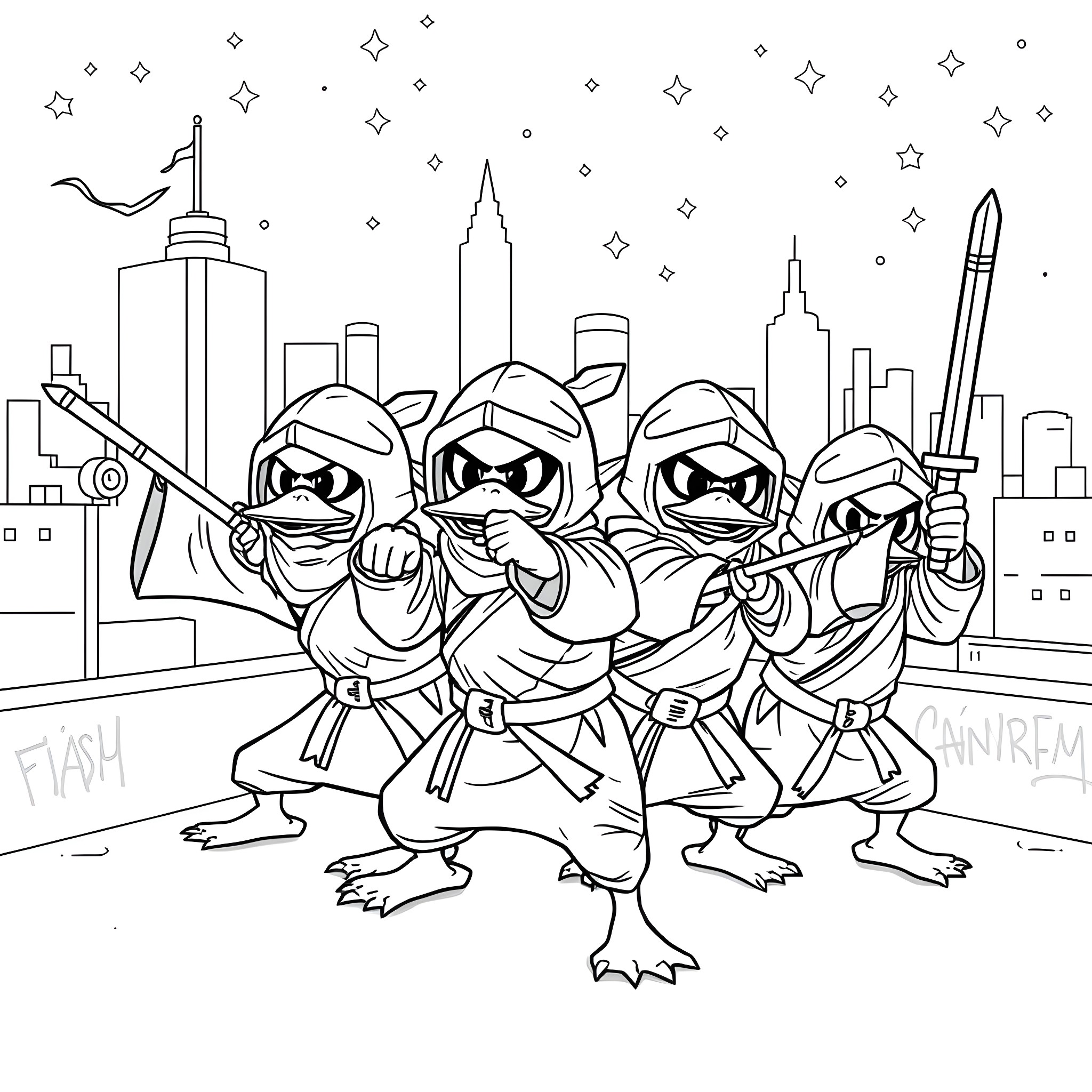 Ninja Duck Ducklings in Action Against the City Skyline Coloring Page (free black-and-white line drawing printable PDF for all, from beginners to advanced learners, including children, teens, adults, and seniors)
