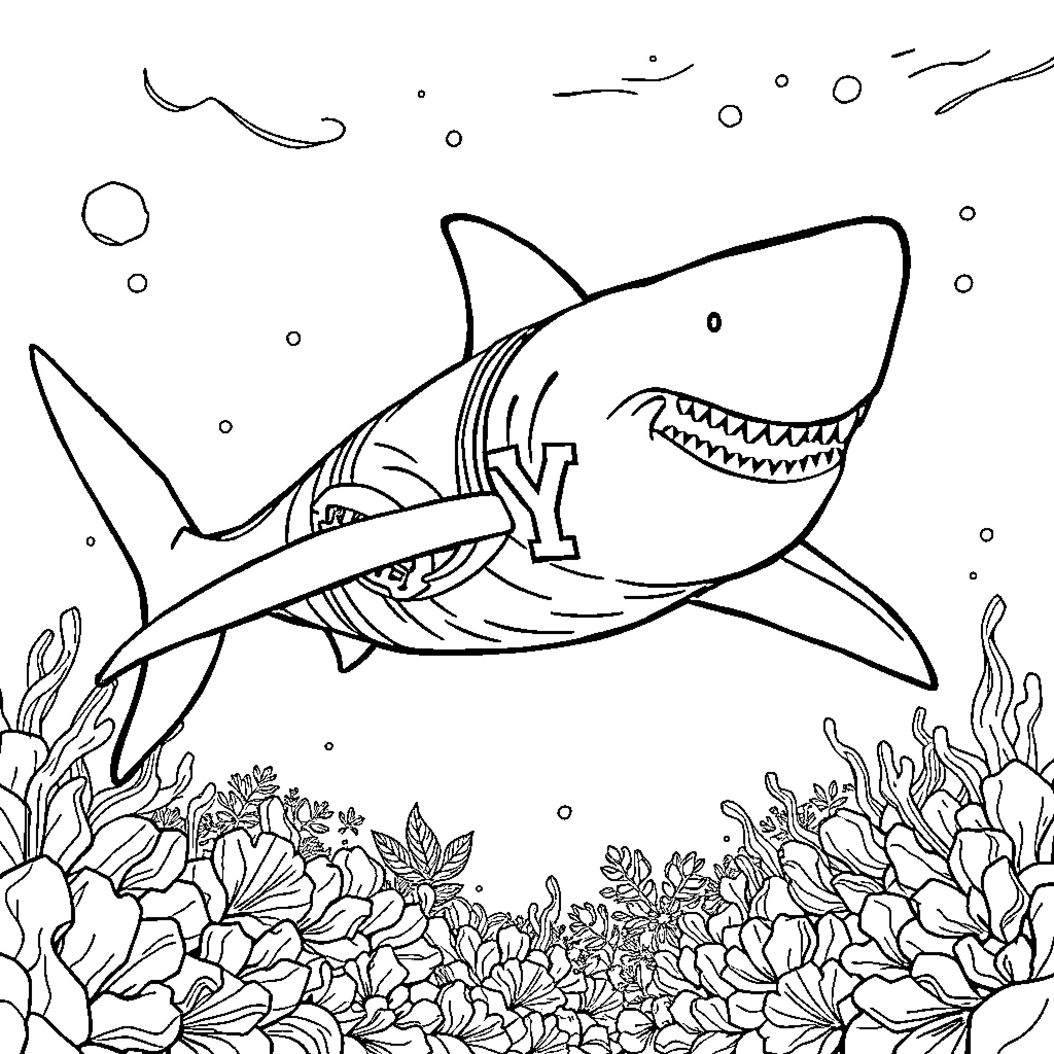 Shark swimming aggressively in underwater coral garden Coloring Page (free black-and-white line drawing printable PDF for all, from beginners to advanced learners, including children, teens, adults, and seniors)