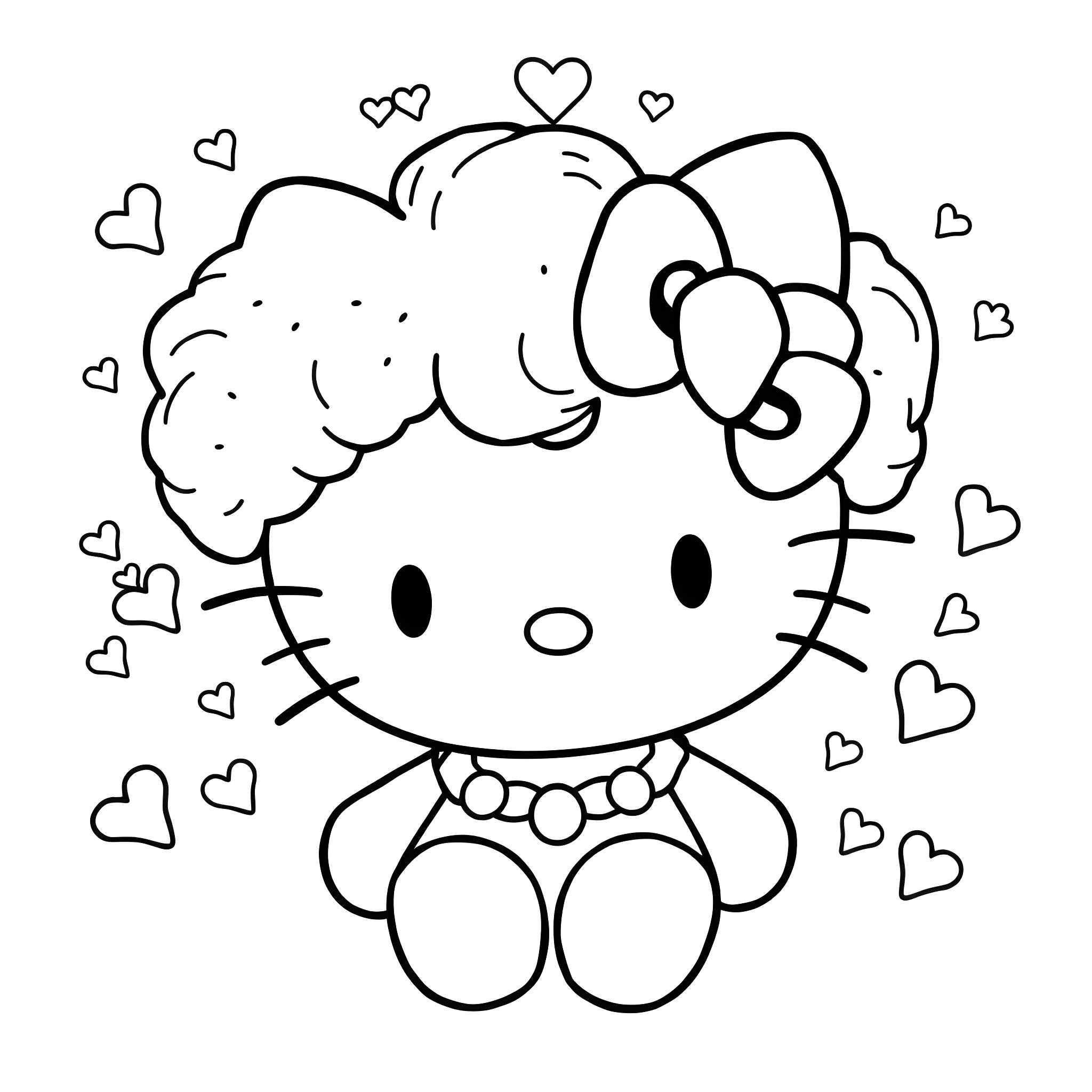 Hello Kitty surrounded by hearts Coloring Page (free black-and-white line drawing printable PDF for all, from beginners to advanced learners, including children, teens, adults, and seniors)