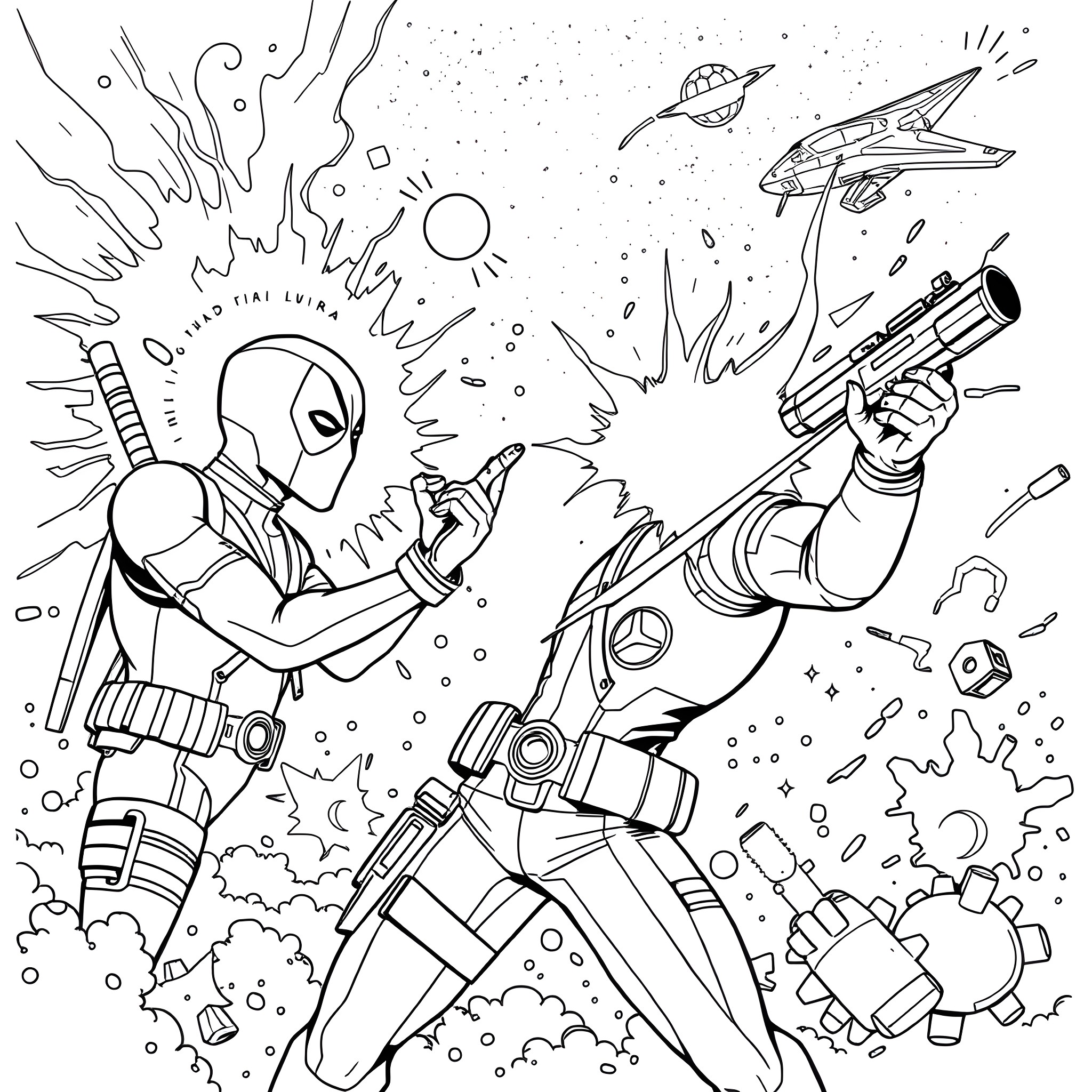 Deadpool battling against alien foes in outer space Coloring Page (free black-and-white line drawing printable PDF for all, from beginners to advanced learners, including children, teens, adults, and seniors)