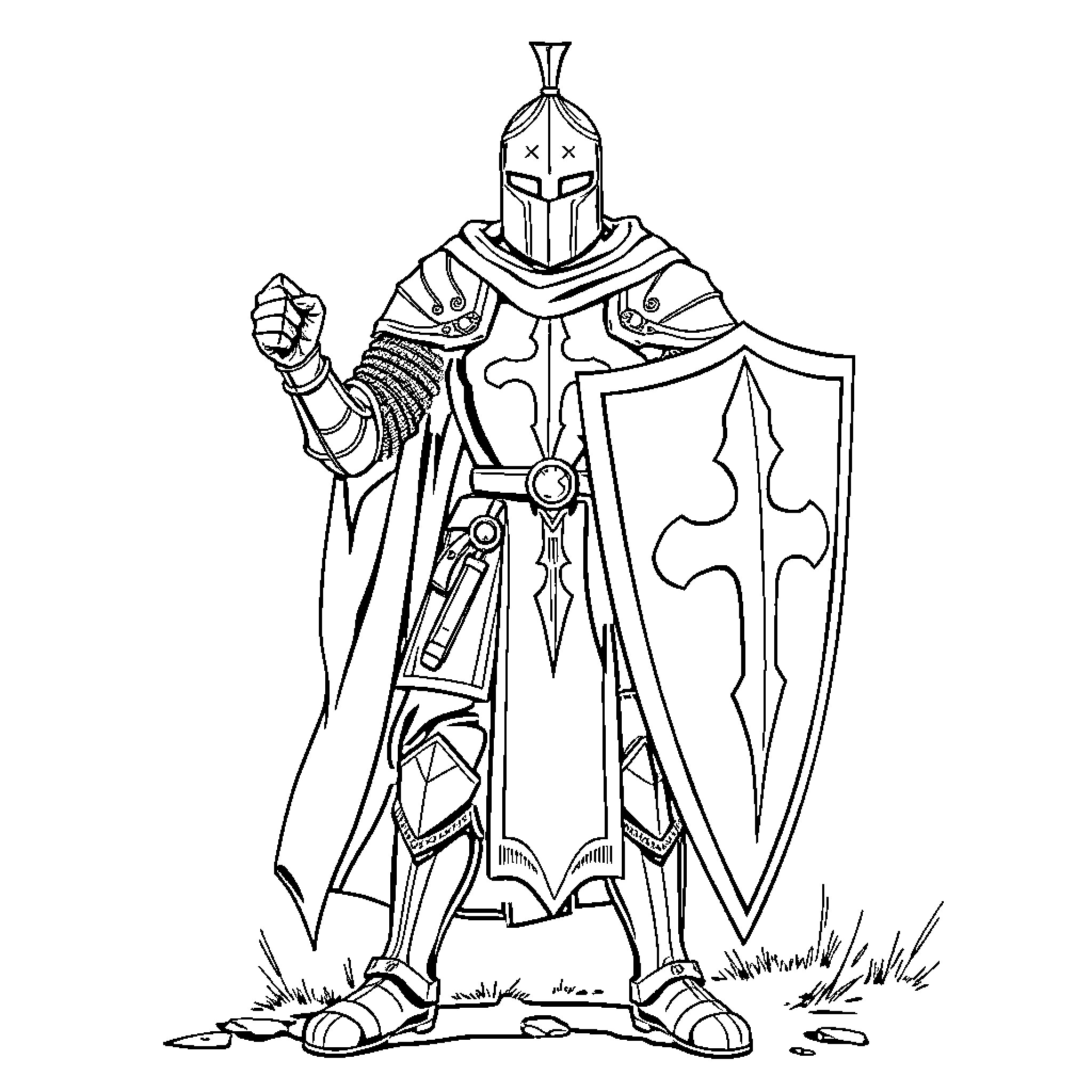 Templar Knight in Defensive Stance with Shield and Sword Coloring Page (free black-and-white line drawing printable PDF for all, from beginners to advanced learners, including children, teens, adults, and seniors)