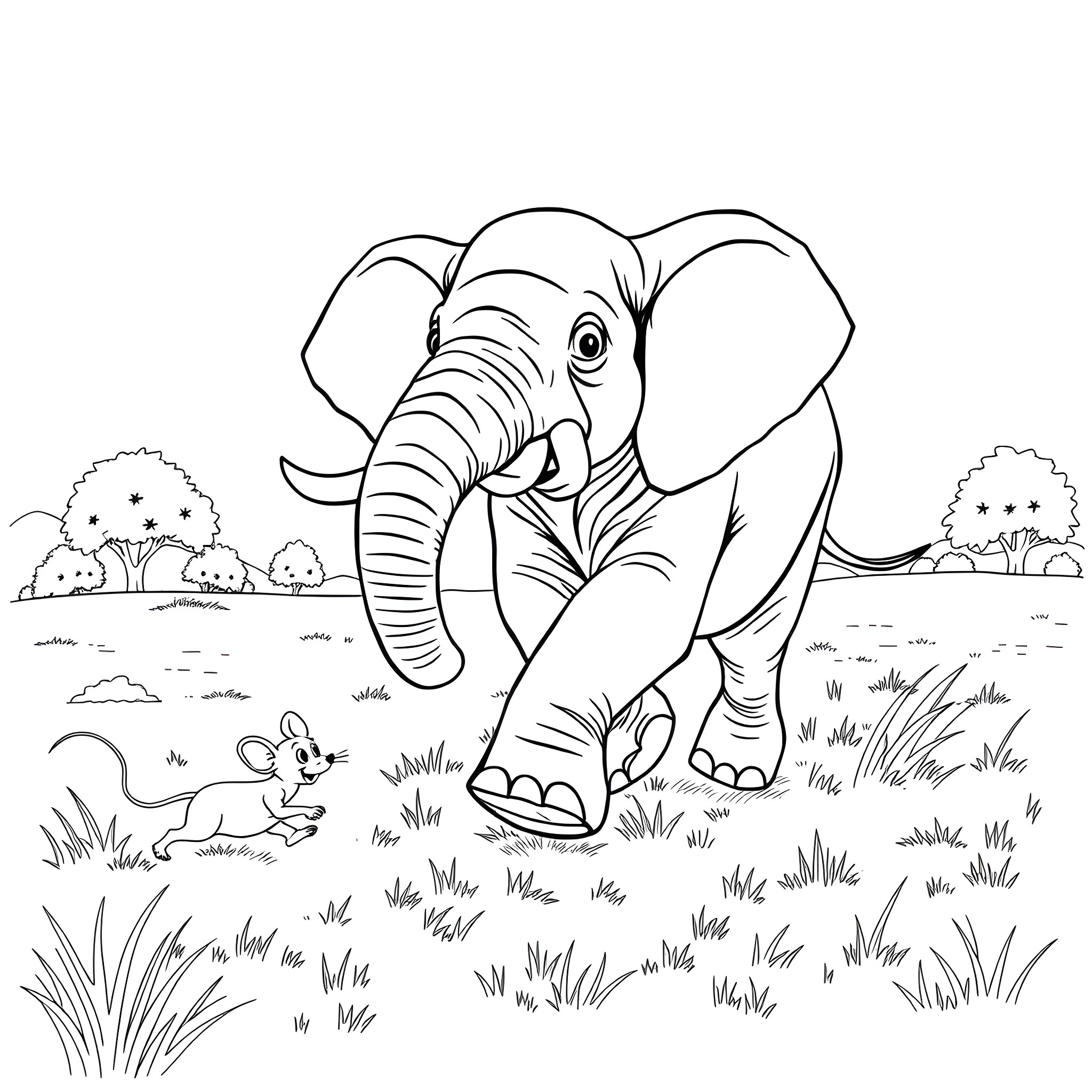 Elephant exploring the savanna with a mouse Coloring Page (free black-and-white line drawing printable PDF for all, from beginners to advanced learners, including children, teens, adults, and seniors)